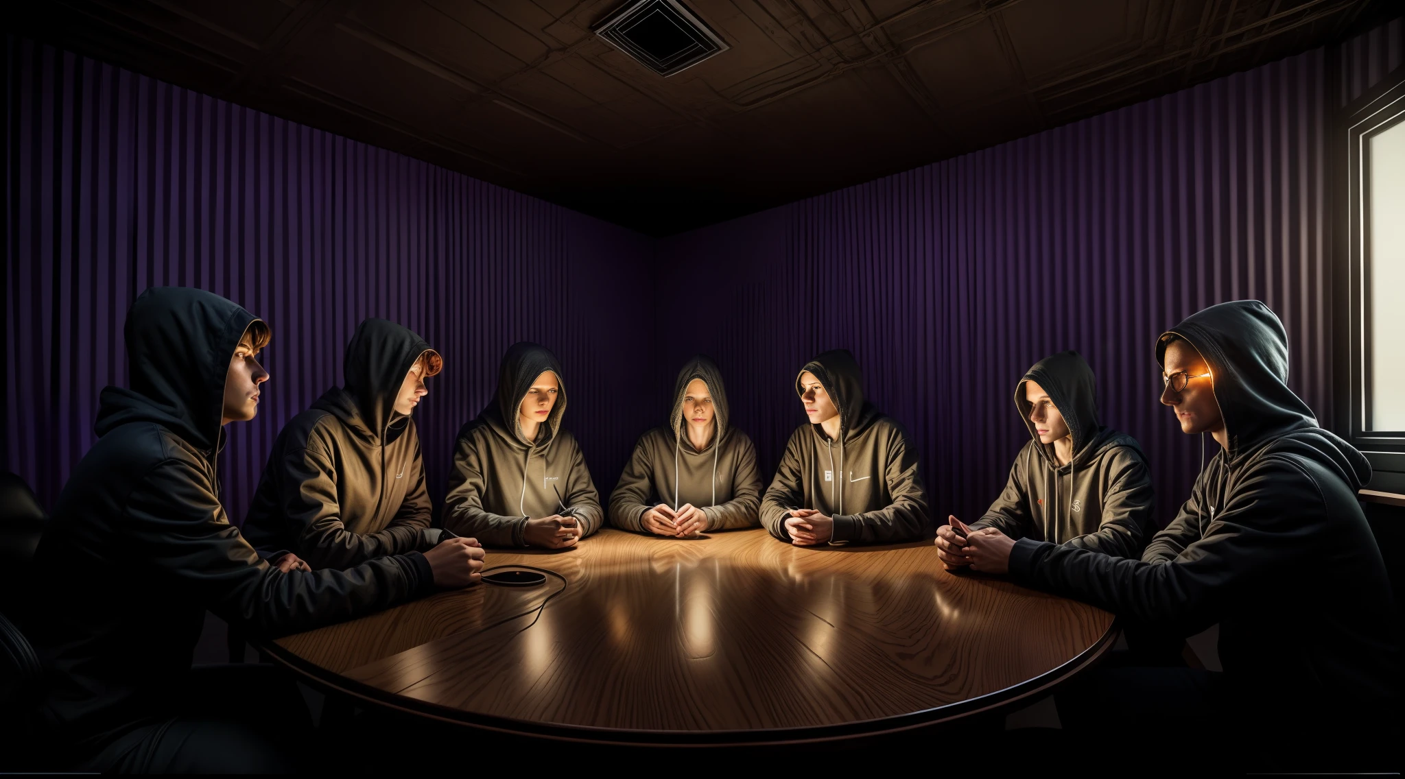 An impressive hacker room, without any person, mysterious, with indirect lights in purple color, with depth and texture, epic composition of characters, By Ilya Kuvshinov, Alessio Albi, Nina Masic, sharp focus, natural lighting, subsurface scattering, f2, 35mm, film grain