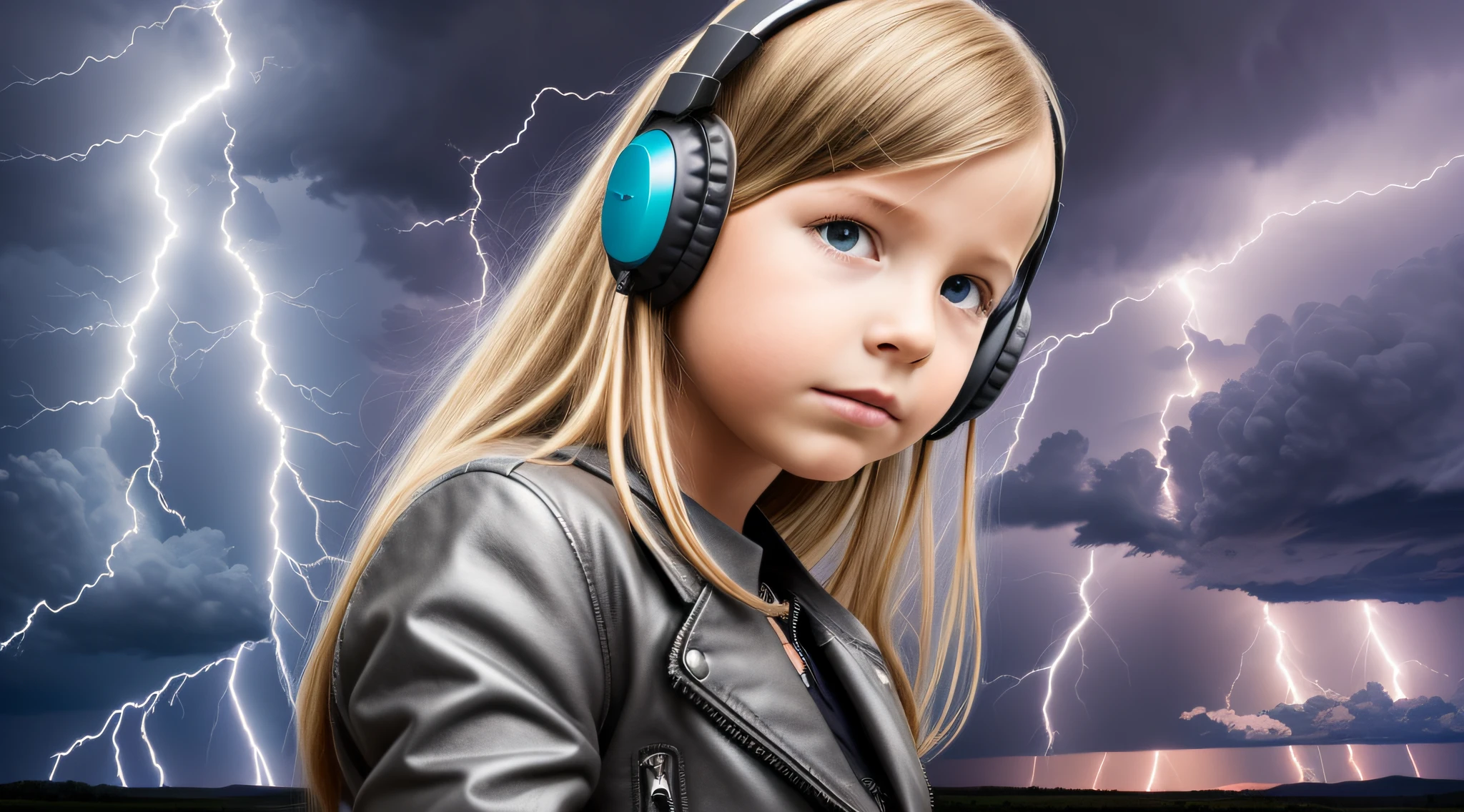 a CHILD'S GIRL long-haired blonde From headphones, silver leather jacket, lightning, with thunderstorms, thunderstorms, with lightning, crackling with lightning, lightning storms, storms, there are lightning, thunder, lightning!!!, lightning effects, severe weather storms, electrical storm, lightning storm, detailed lighting and thunder, during a storm, in a lighting storm,  thunderstorm, dark storms with lightning