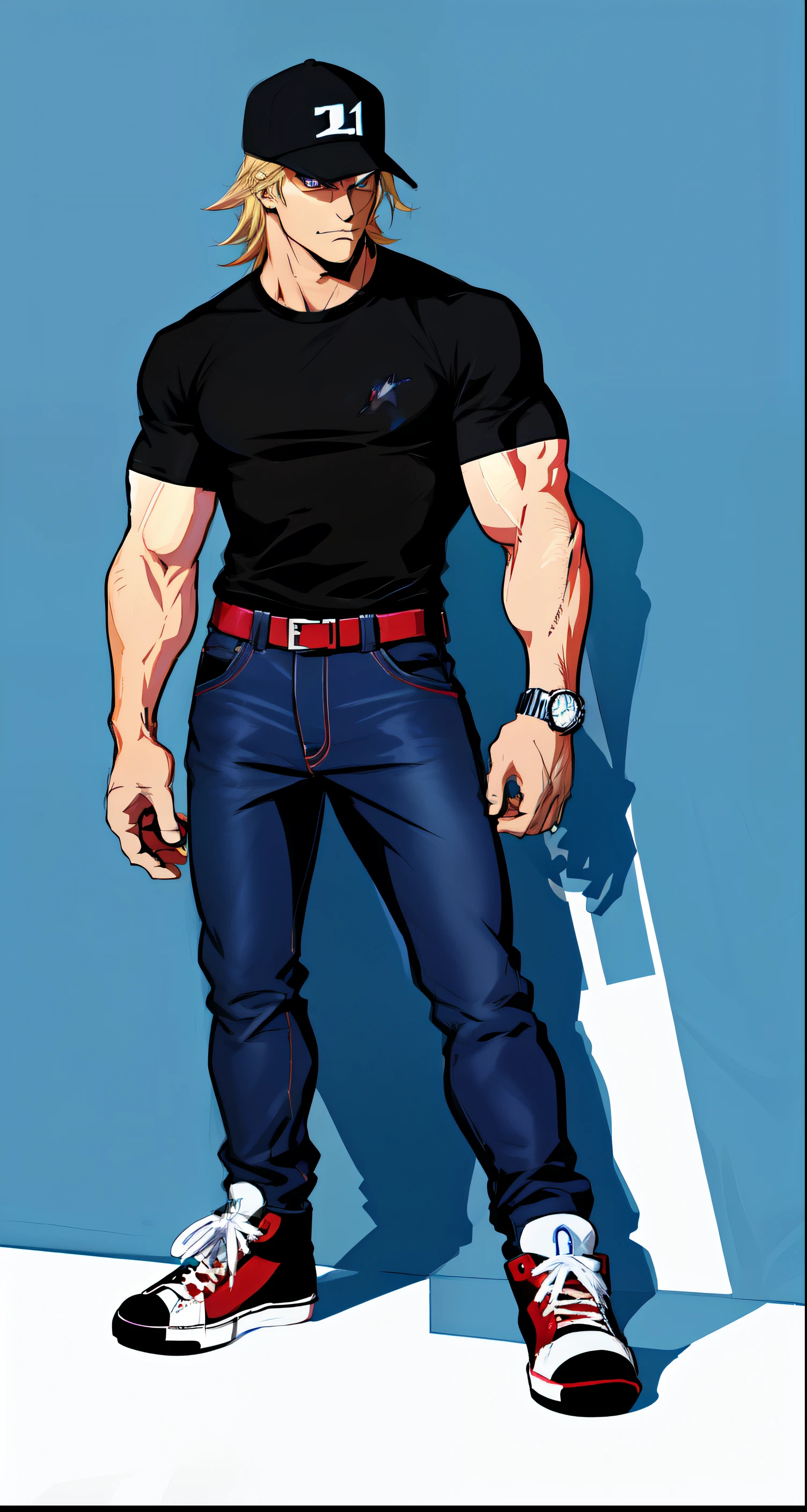 Anime style character, muscular adult character, very tall character, tall character and imposing villain, has medium blonde hair, character wearing a black baseball cap, wearing a purple color T-shirt, wearing a blue jeans, wearing a red all-star sneaker, the character is a mysterious villain, powerful character, muscular adult character.