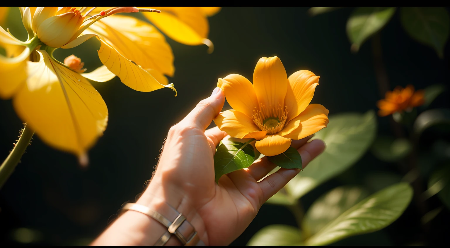 A hand passing on the petal of an orange flower cinematic colors, vignette, discreet, bright, dark depth of field