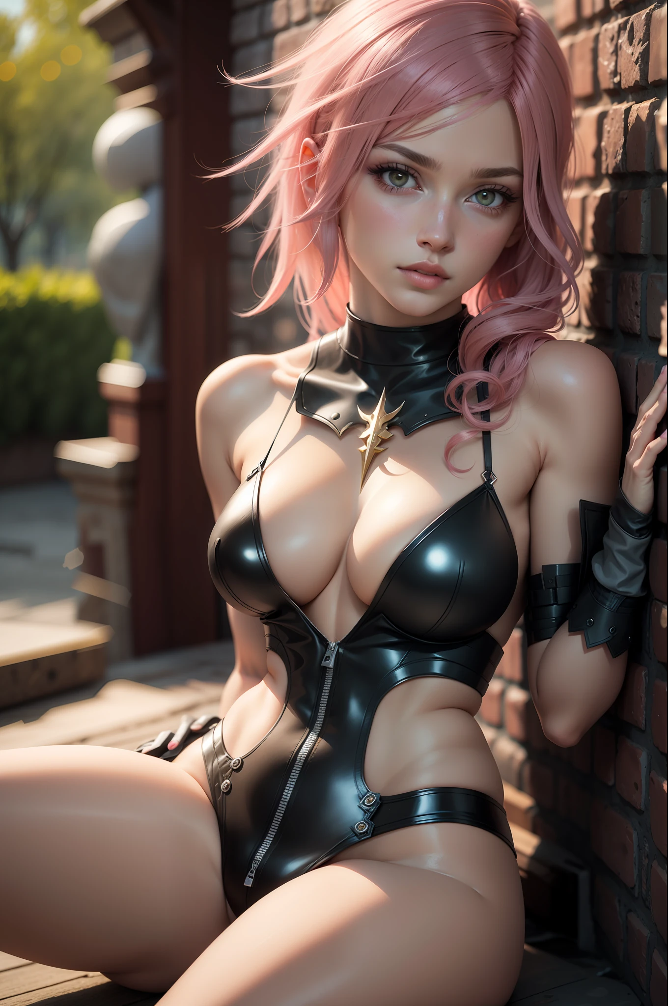 masterpiece, best quality,3d rending work ,3DMM style,close-up, 3D,1girl, solo, black hair, realistic, upper body, fantasy castle background, parted lips, choker, makeup, (medium perky breasts) realistic natural breasts, cleavage, sitting on a low wall, spreading legs, cameltoe, lightning ffxiii, pink hair,