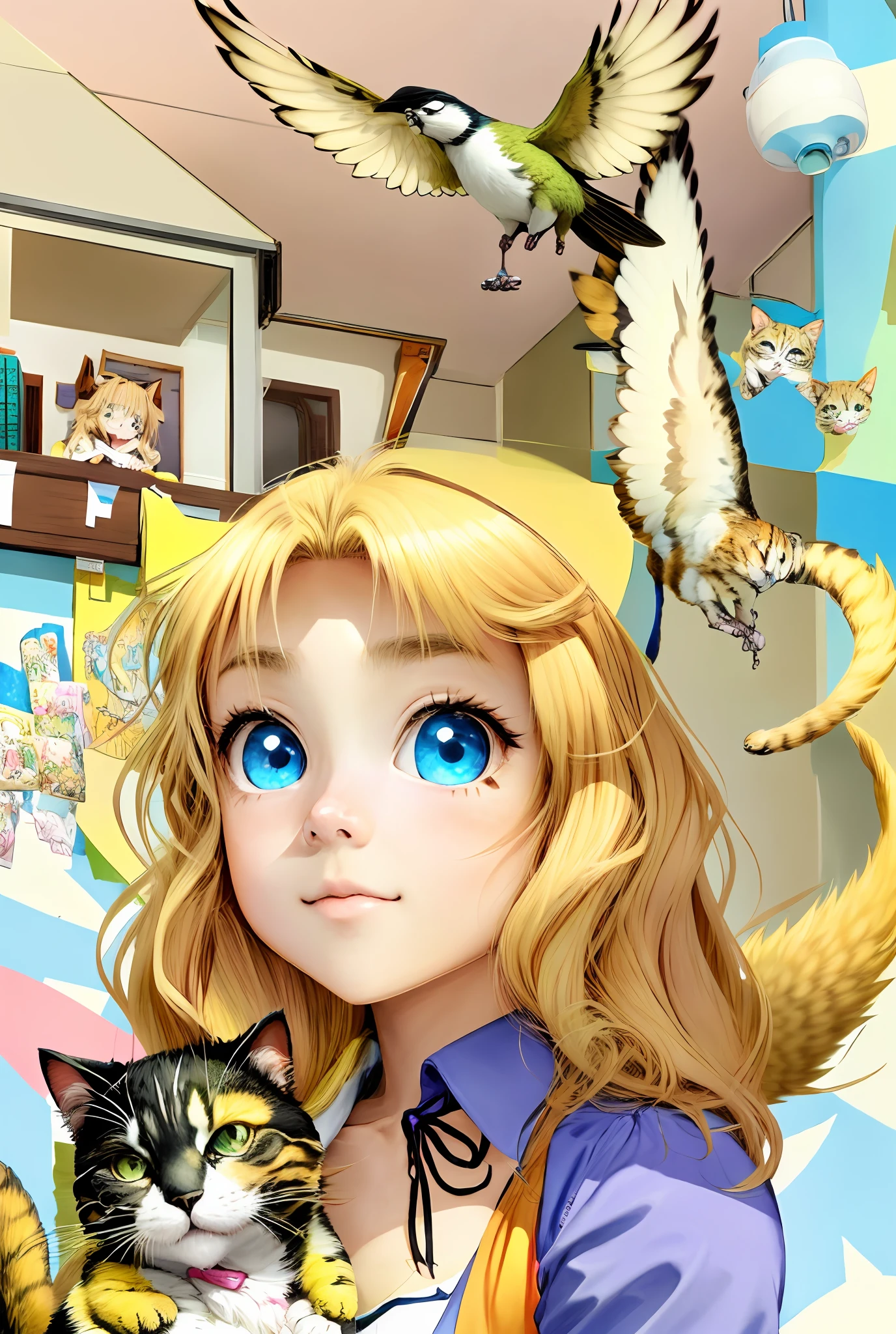 A blonde girl, , fair skinned, blue eyes, Candy Candy style of with a cat and a bird flying over her head, anime art style, (colorful), colorful manga and anime by Kyoko Mizuki and drawn by Yumiko Igarashi.