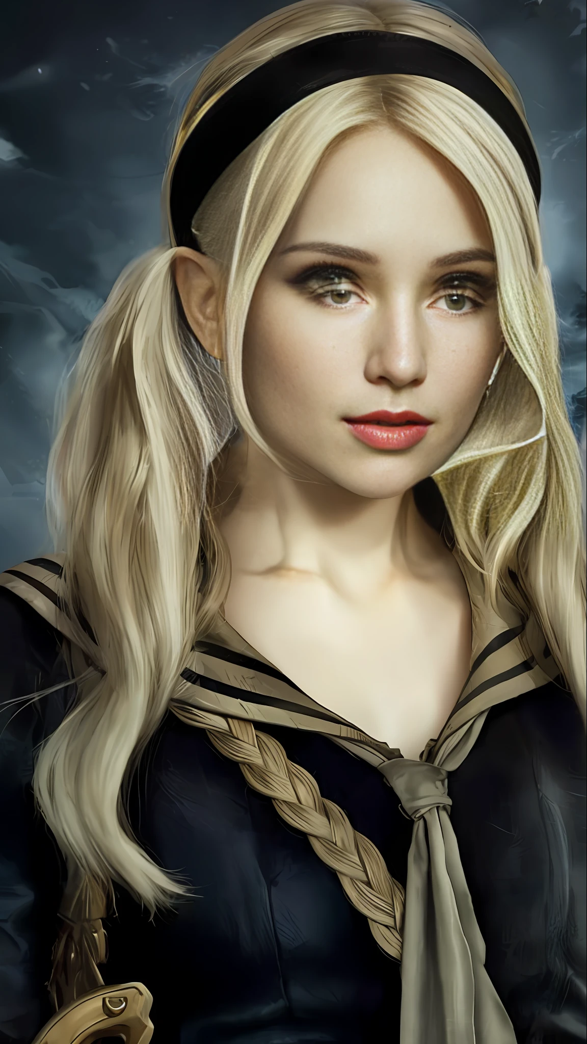 a close up of a woman with a bow and a sailor outfit, daenerys, dove cameron in a knight armor, daenerys targaryen, perfect white haired girl, blond hair with pigtails, she has elf ears and gold eyes, [[fantasy]], similar to malfoy, kristen bell as a greek goddess, a girl with blonde hair