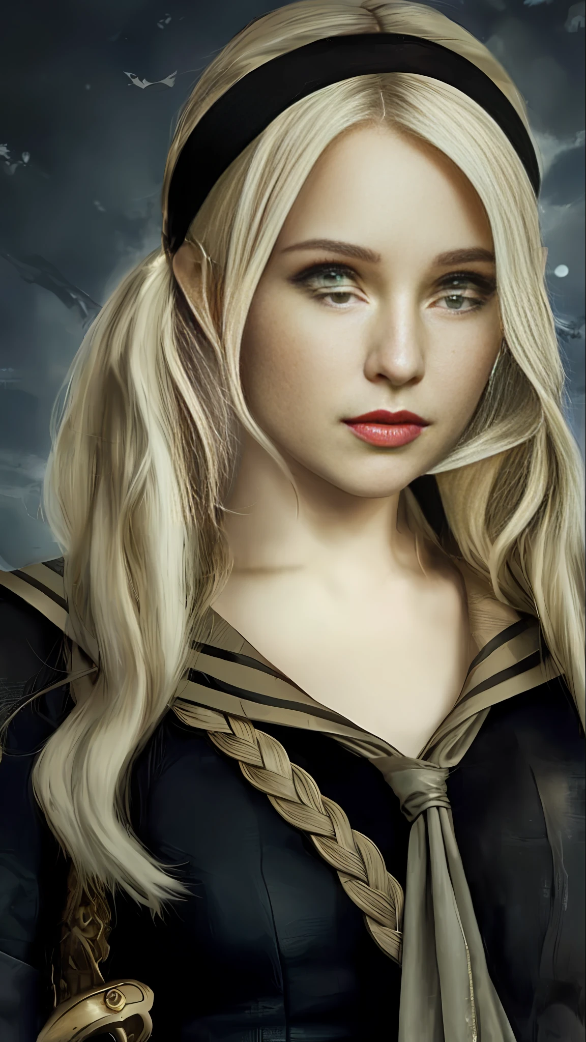 a close up of a woman with a bow and a sailor outfit, daenerys, dove cameron in a knight armor, daenerys targaryen, perfect white haired girl, blond hair with pigtails, she has elf ears and gold eyes, [[fantasy]], similar to malfoy, kristen bell as a greek goddess, a girl with blonde hair