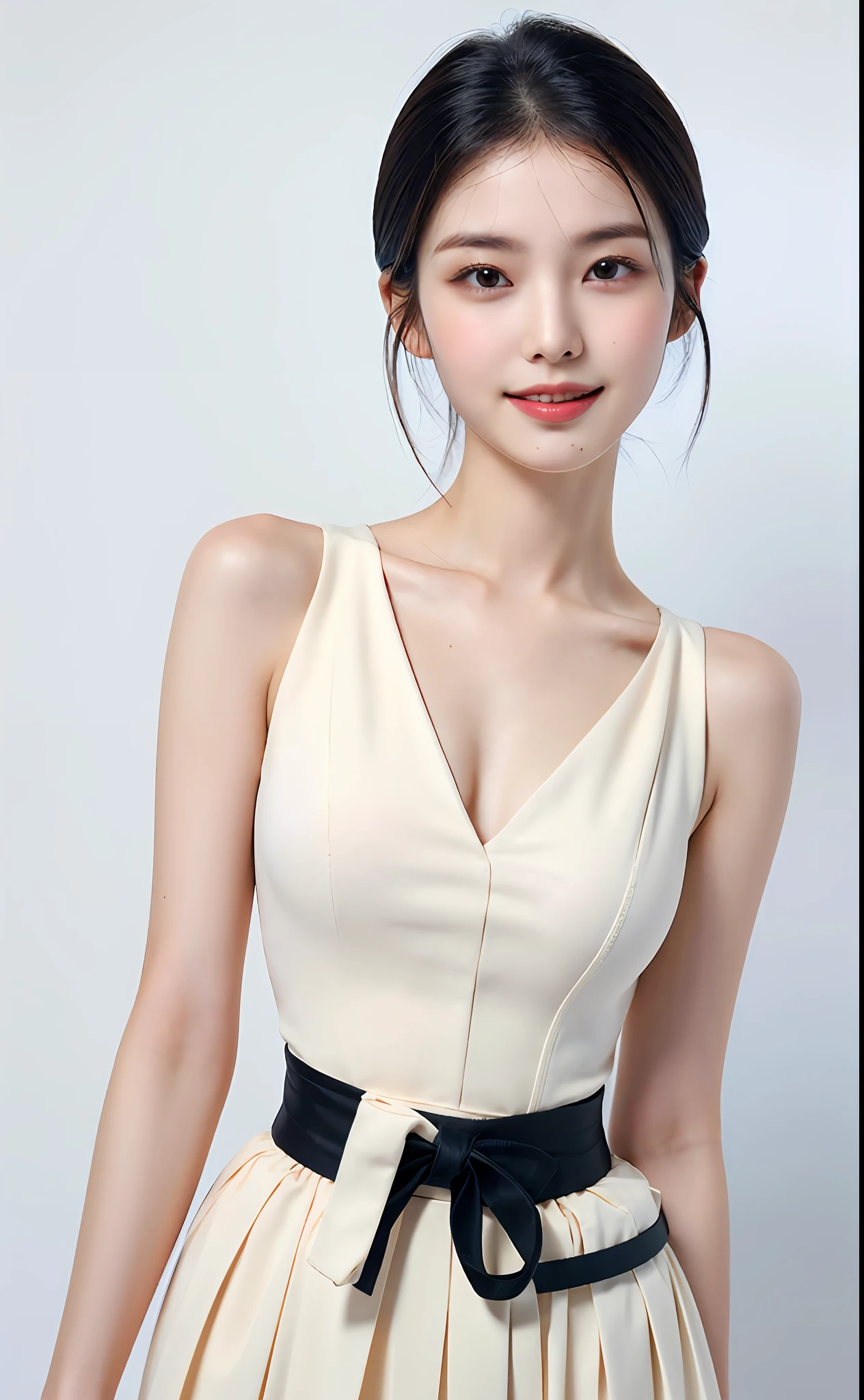 8k, (smile)), 25 years old, View viewer, ((Attractive face)), Beautiful dress in detail, Ultra high quality, ((Body from waist up)), Photo realistic, Beautiful face and eyes in every detail, (hairstyle up),One piece, (White marble background), Top quality, Real, Fantasy, Real skin, Full color, Top quality, Very delicate and beautiful, Raw photo details, Professional photography, Solo, Beautiful lips, Facing forward, Top quality, Real skin, Full color, Raw photo details, Realistic photo