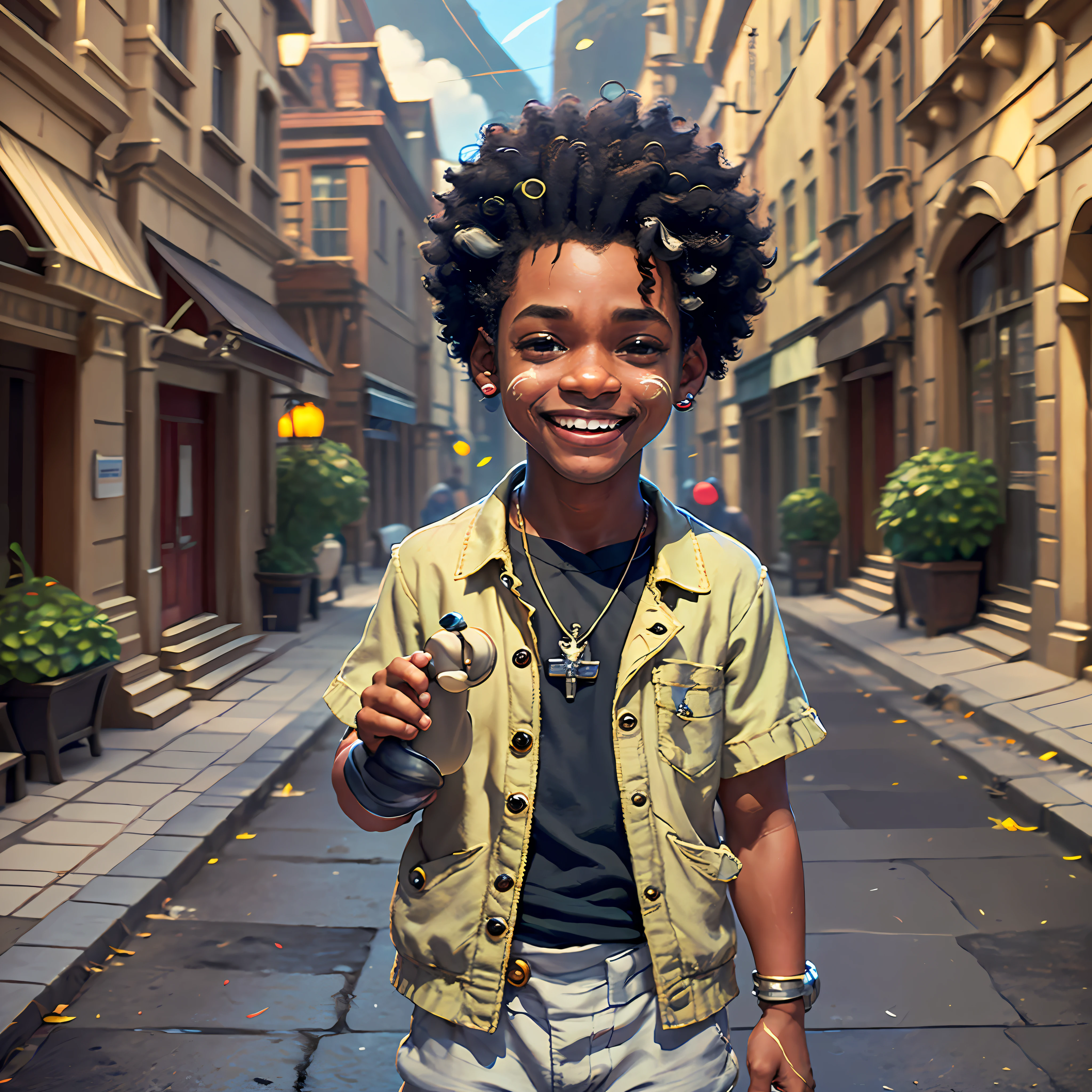 3D cartoon character holding a small umbrella, on a city street, child Will smith, (detailed facial affections)((((baby))), movie art, clean shot, ghailan!, like a Pixar character, handsome young man, afro, grace and blessing, (((cute smile))), rendered in unreal, movie promo image, rendered image --auto --s2