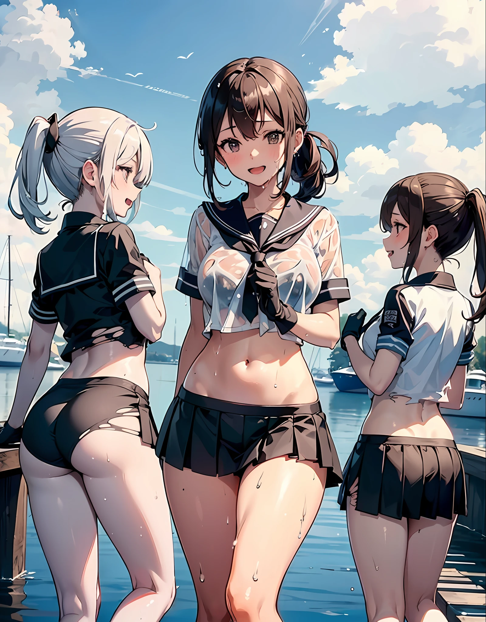 kancolle,1ung_teirls、loli、bwn_hair、short_ponytail, long_bangs、blue_midriff_baring_sailor_uniform、mini_skirt、short_sleeve、thighthighs、big_tits, sleepy, Sorrisos、open_mouth、dynamic_pose, childlike_posing ,harbor,dock_background、spread_legs、happiness、NSFW、short_gloves, (wet:1.4),transparent,covered_nipples, covered_crotch, under_tits, sweat, bare_thighs, large_ass, covered_anal, back_view,(torn_clothes:1.2)