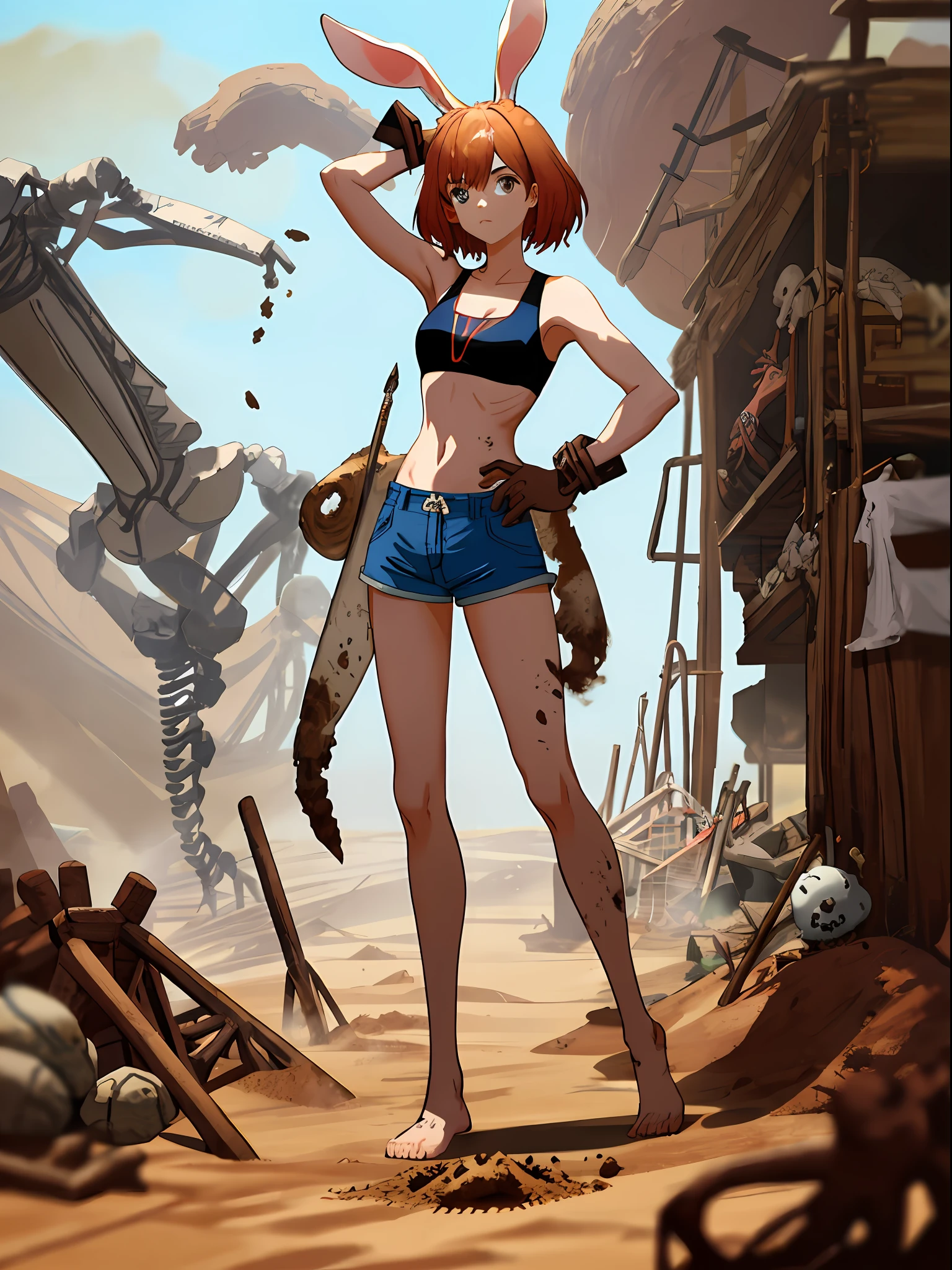 anime, bunny woman, bunny archeologist excavating ancient bones in dirt, archeological site, dusting off bones, bunny ears, studio ghibli, entire body covered in dust, head to toe covered in dust, Yoji Shinkawa, Peter Bohrbacher, Greg Rutkowski, Morning, shorts fine lines, definite lines, no unclear or blurry lines all visible