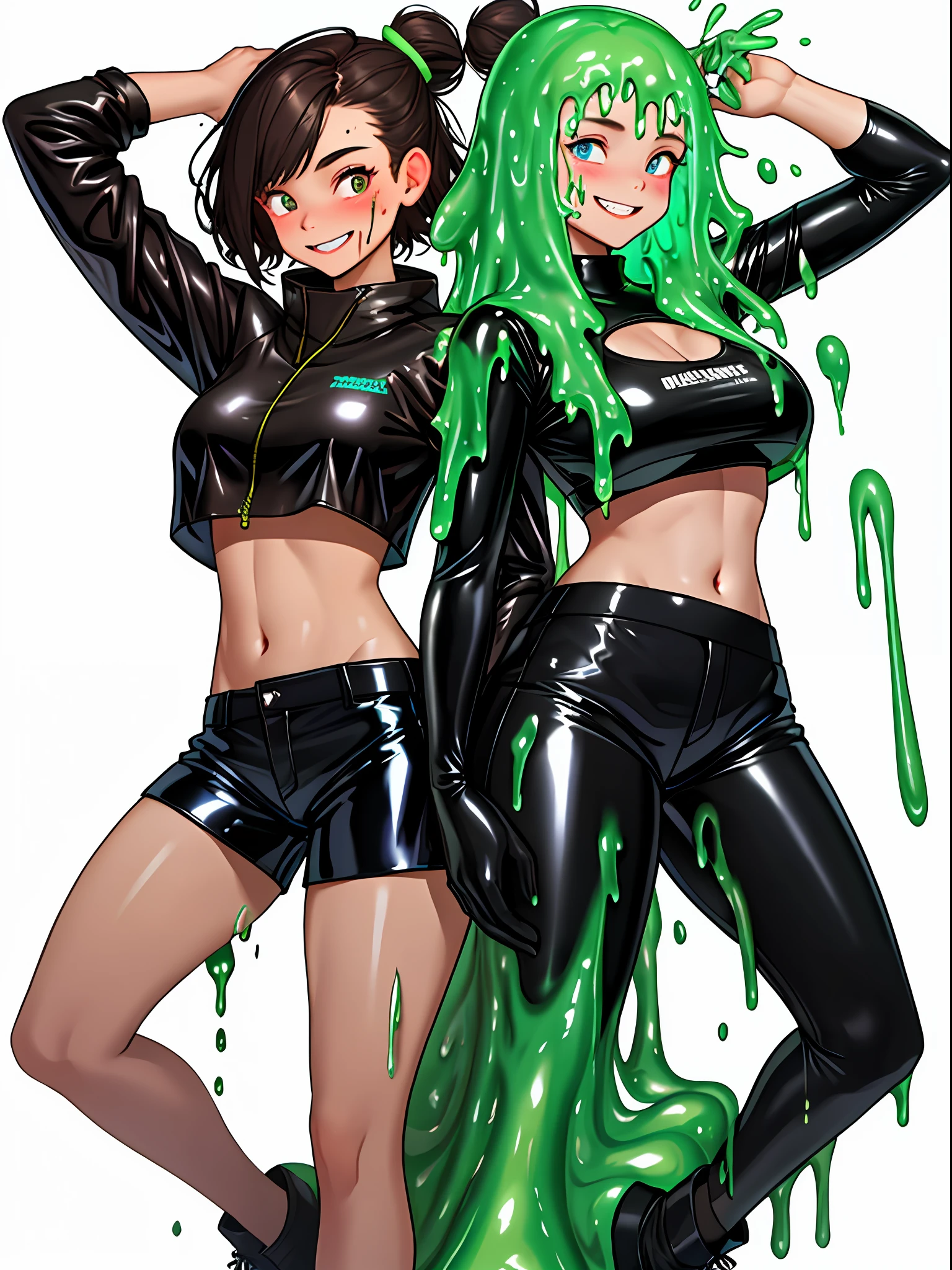 two fully gooey dripping slime girls  in their 20s, in love, happy, Smiling,,entire body covered in slime, head to toe covered in slime, Yoji Shinkawa, 
Peter Bohrbacher, Greg Rutkowski, Night light, 
glowing neon
wearing latex crop tops and short latex shorts
fine lines, definite lines, no unclear or blurry lines
all visible is gooey drippign slime and they are proud and enjoy that very much, belly is included in this too, skin on legs and belly is actually dripping gooey slime!
their ENTIRE BODY is made of dripping goopy slime.
both of the girl's bellys are completely slime