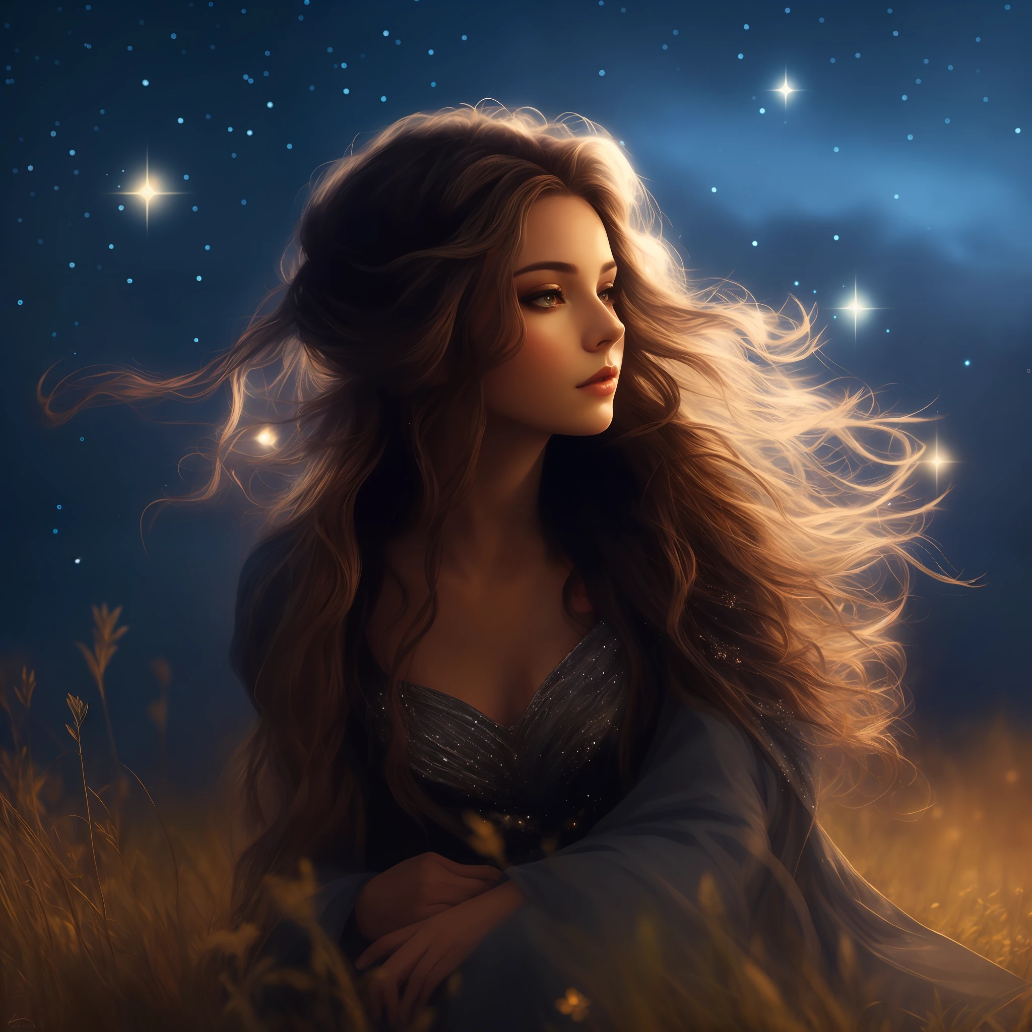 arafed woman sitting in a field with stars in the sky, beautiful witch with long hair, glowing flowing hair, beautiful fantasy portrait, brunette fairy woman, portrait of magical young girl, fantasy woman, flowing glowing hair, beautiful fantasy art portrait, high quality fantasy stock photo, beautiful fantasy maiden, karol bak uhd, surreal beautiful young woman, beautiful wizard