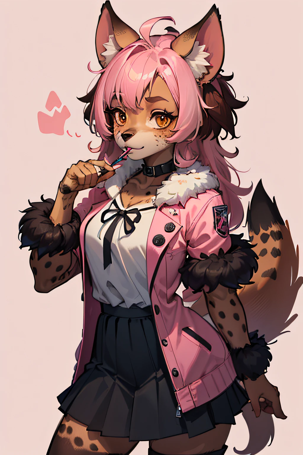 lineart, 2d, absurdres, 1girl, ((dog girl, hyena girl), (furry female:0.85), monster mash, medium brown fur, pink fur spots,  messy hair, brown eyes, pink streaks in hair, skirt, girly clothes, long hair, pastel cute background, fluffy tail, hyena ears