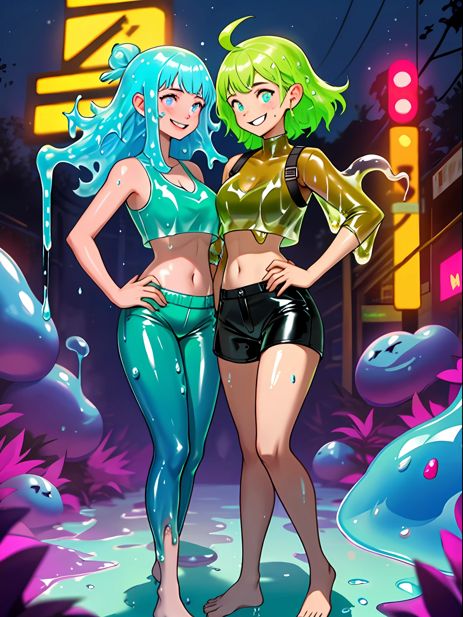 two fully gooey dripping slime girls  in their 20s, in love, happy, Smiling,,entire body covered in slime, head to toe covered in slime, Yoji Shinkawa, 
Peter Bohrbacher, Greg Rutkowski, Night light, 
glowing neon
wearing latex crop tops and short latex shorts
fine lines, definite lines, no unclear or blurry lines
all visible is gooey drippign slime and they are proud and enjoy that very much, belly is included in this too, skin on legs and belly is actually dripping gooey slime!
their ENTIRE BODY is made of dripping goopy slime.
both of the girl's bellys are completely slime