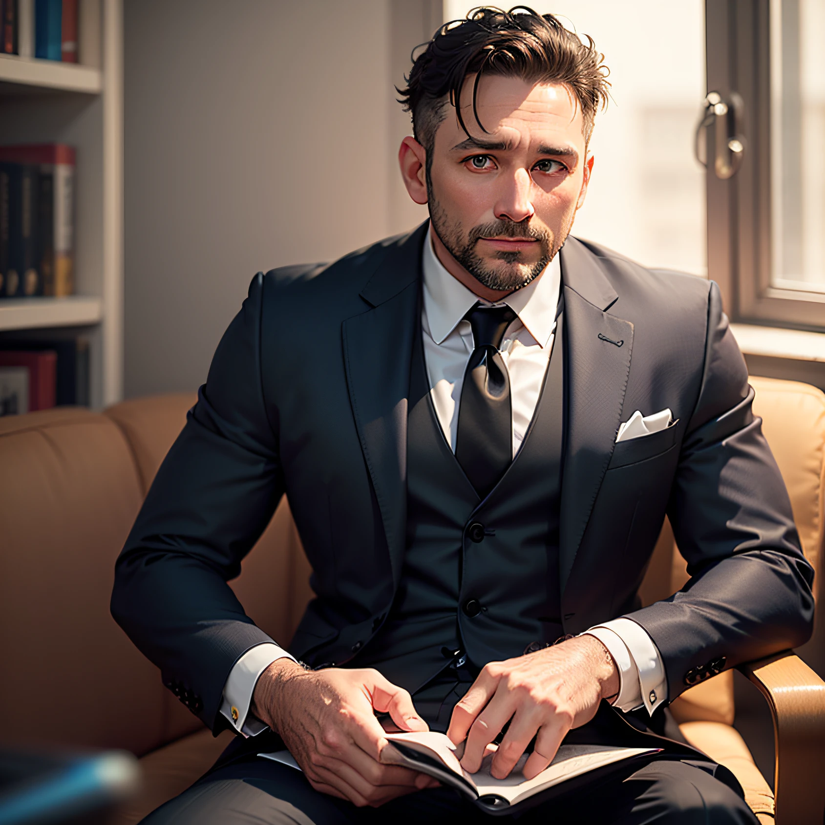 40-year-old man, black suit and lap --auto