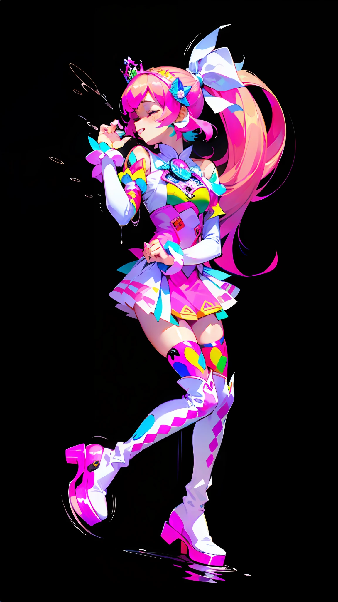 ((cute + dynamic: 1.2), (masterpiece: 1.5), (best quality: 1.5), hand drawn 8K wallpaper, 1 girl, closed eyes, shut up, perfect hands, cute face, pain, tears in the corners of the eyes, single ponytail+ (pink hair: 1.3), beautifully hand-painted, flowing long hair, glamorous sight, white shirt + pink skirt + over-the-knee socks: (1.2), fine tiara, white boots: (1.2), smooth legs: (1.2), no background: (1.5), bright colors),
