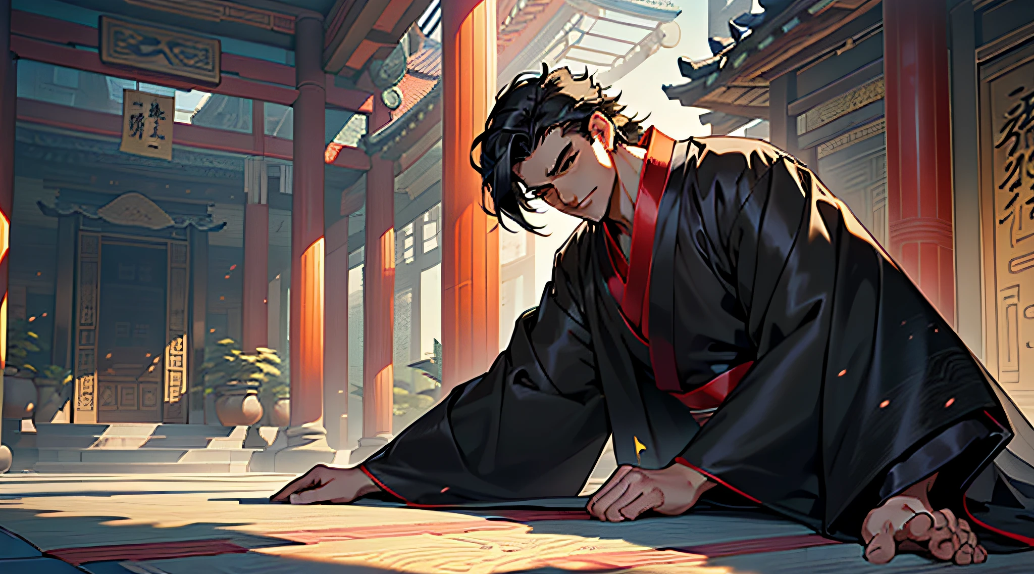 1, (1 person) ( (((1boy))),(((aboy))).(((Black coat))),((Black Hanfu youth)),((black clothes)) , (((Black hair))), kingly air, gorgeous, handsome, outstanding temperamen, tone is ostentatious, with a schadenfreude expression) (background: sacred, resplendent palace hall in ancient China).