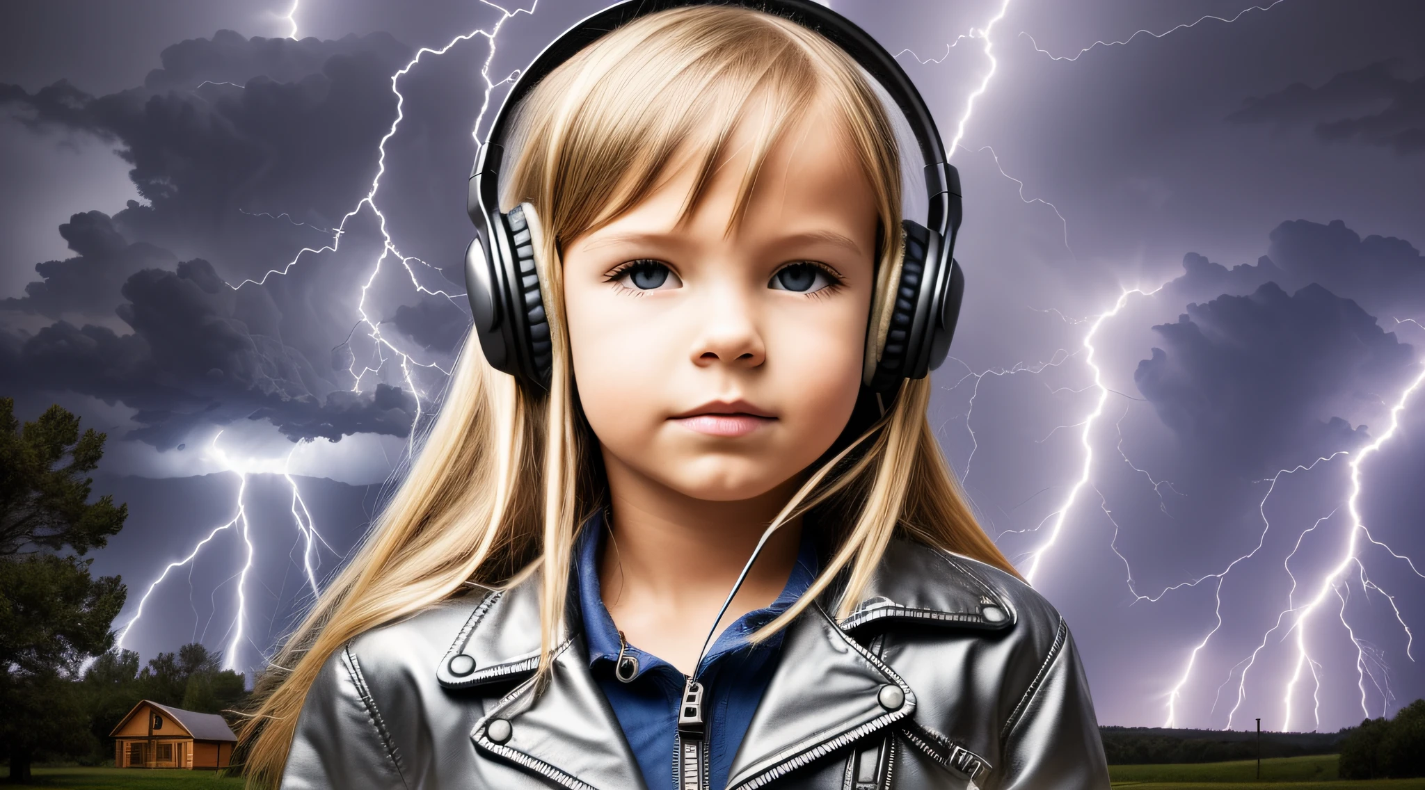 a CHILD'S GIRL long-haired blonde From headphones, silver leather jacket, lightning, with thunderstorms, thunderstorms, with lightning, crackling with lightning, lightning storms, storms, there are lightning, thunder, lightning!!!, lightning effects, severe weather storms, electrical storm, lightning storm, detailed lighting and thunder, during a storm, in a lighting storm,  thunderstorm, dark storms with lightning