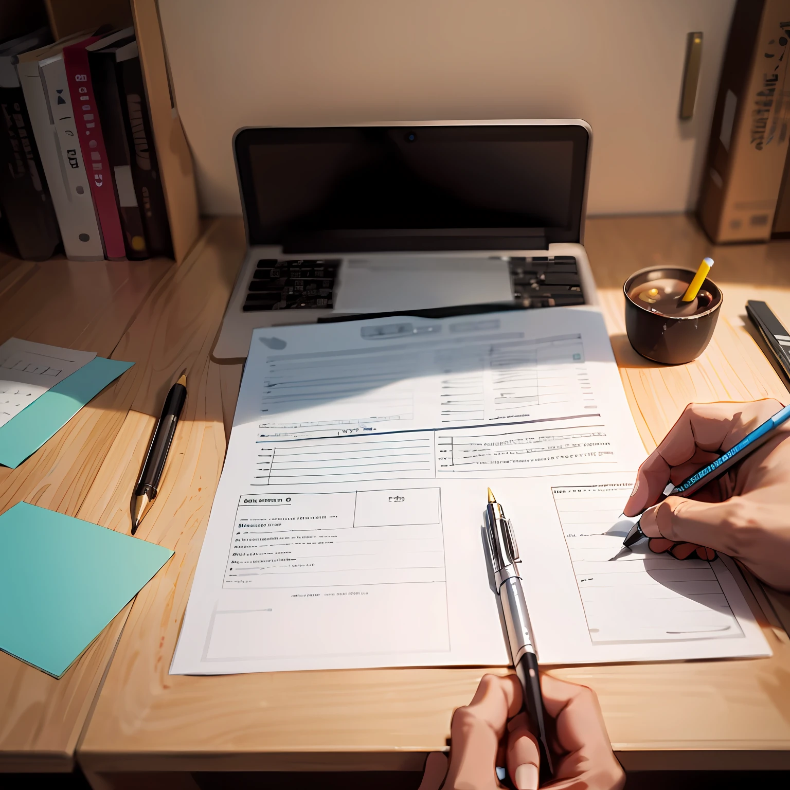 someone is writing on a paper with a pen and a laptop, papers on table, working on a laptop at a desk, by Aleksander Gierymski, highly detailed form, accurately portrayed, signing a bill, shutterstock, writing on a clipboard, character sheets on table, poster paper with notes, full subject shown in photo, pen and paper, professional