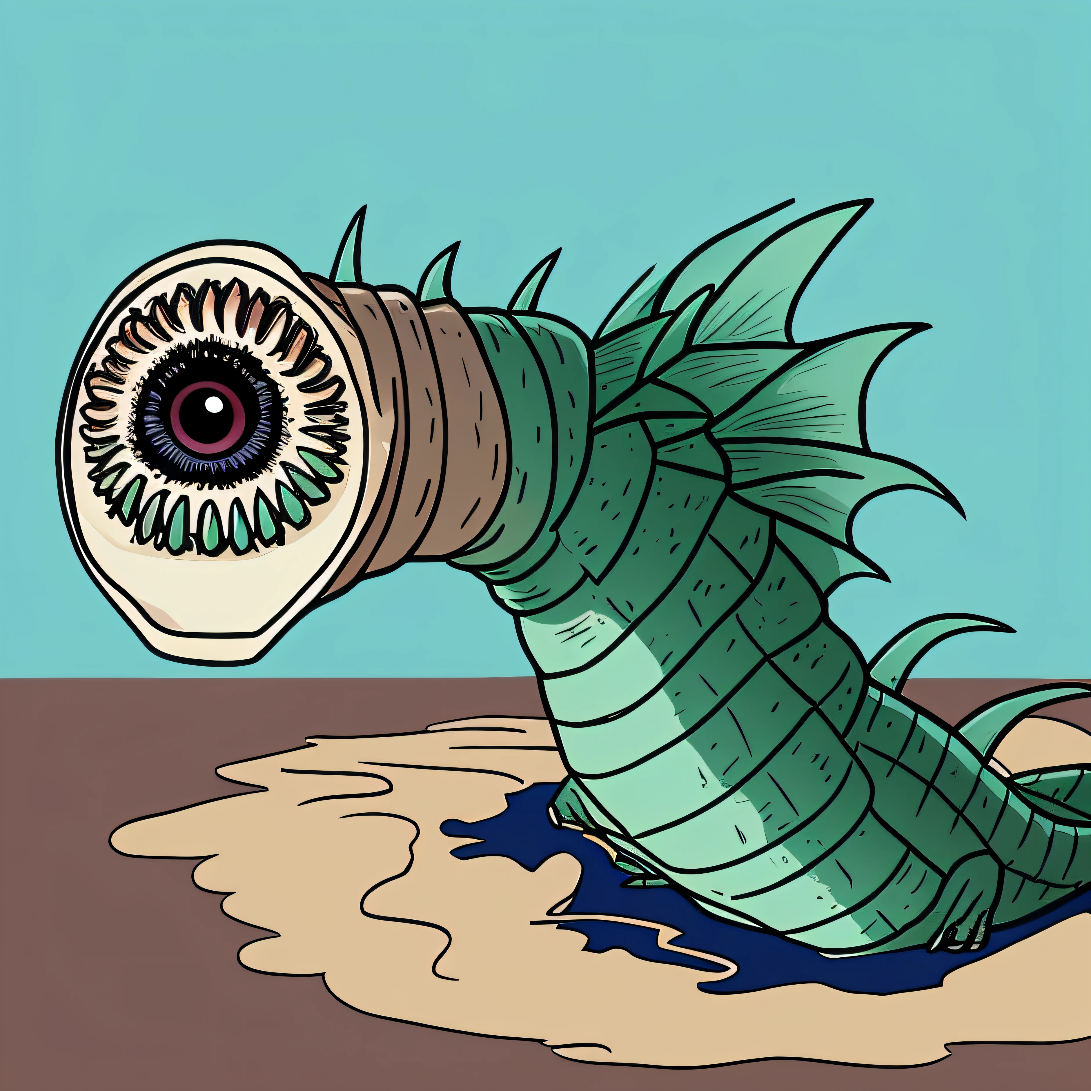 cartoon of a green dragon with several teeth and one eye his mouth, sand worm, worm monster, tubular creature, underground monster, great quality, underground monster like an earthworm, several teeth around his eye inside the mouth
