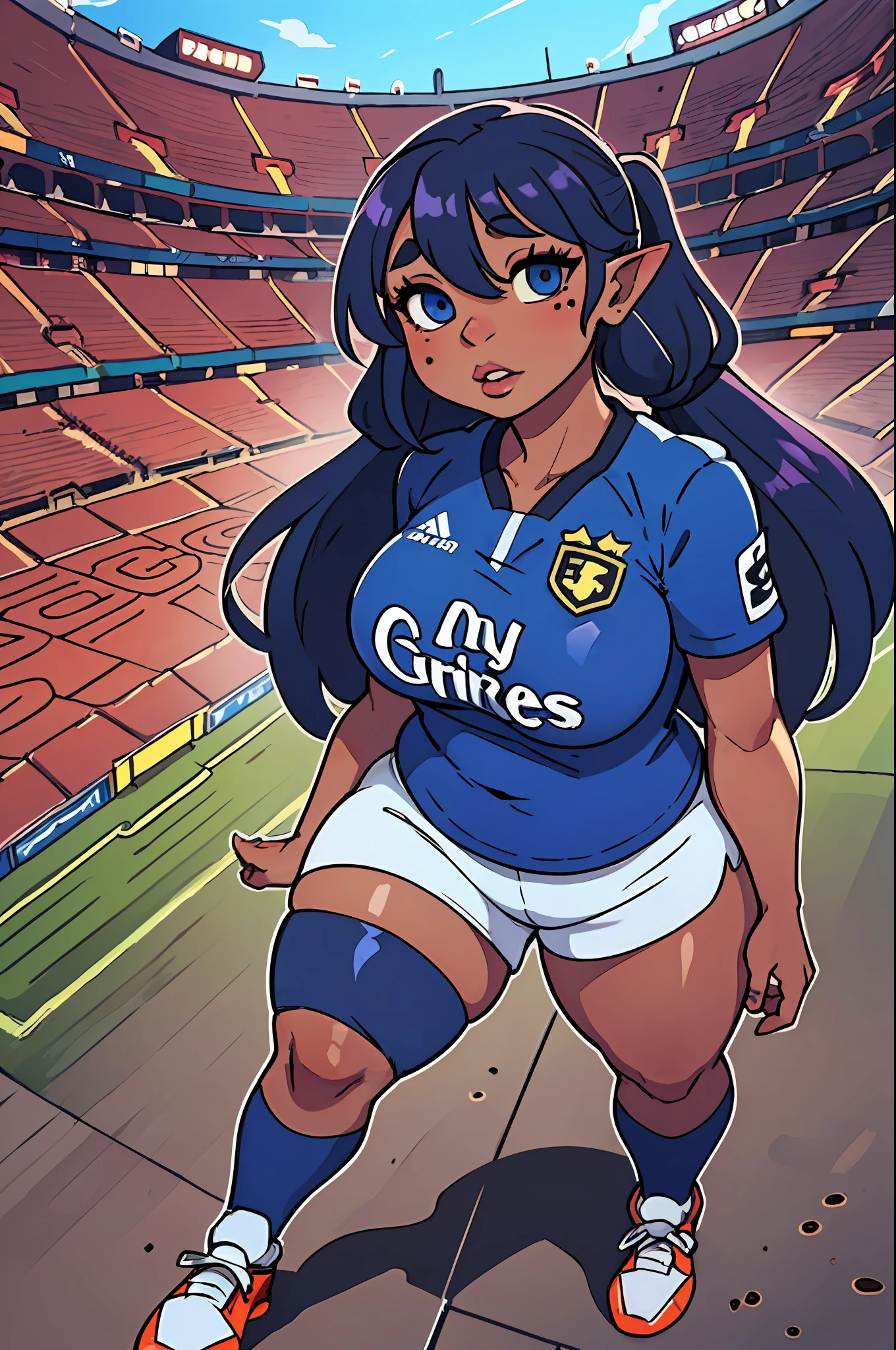 goblin, goblin girl, blue hair, very long hair, dark_ skin, very_dark_skin, dark skin goblin, dark-skinned girl, wide body, very dark skin girl, small stature, very chubby, cute goblin, huge breast, very large breast, hair between eyes, twintails, chubby, chubby girl, chubby girl goblin, wide hips, blue eyes, mole, mole on chest, age up, lips, big lips, thick eyebrows, body with fur, short girl, short goblin girl twintails, short girl, fat, very fat, soccer player, Soccer uniform, stadium
