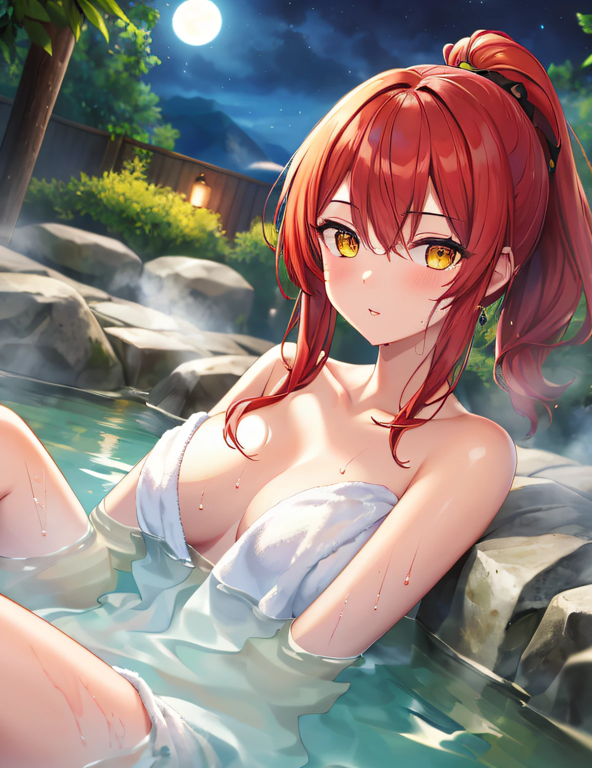 Model Shooting Style, (Masterpiece:1.3), (Absurdity:1.3), (Best Quality:1.3), (8K), (Masterpiece Digital Art), (Detailed Manga Illustration), (Handle Hair), Perfect Anatomy, (Complex Detail:1.3), (Detailed Detail:1.3), (Illustration:1.3), (Sharp Focus:1.3), (Vivid Color:1.3), 1 Girl, NSFW, Solo, ponytail, (red hair), yellow eyes, floating hair, nature, hot spring, bedrock open-air bath, night, bathing, steaming, naked, wrapped in a towel, wet, white skin, blushing cheeks, clear white skin, shining eyes, medium breast, shiny hair,