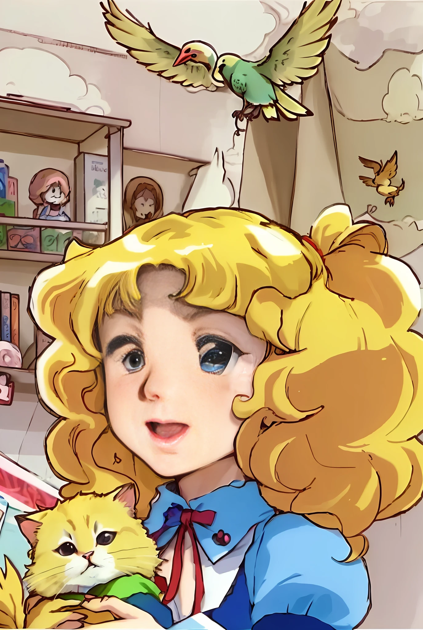 A blonde girl, , fair skinned, blue eyes, Candy Candy style of with a cat and a bird flying over her head, anime art style, (colorful), colorful manga and anime by Kyoko Mizuki and drawn by Yumiko Igarashi.
