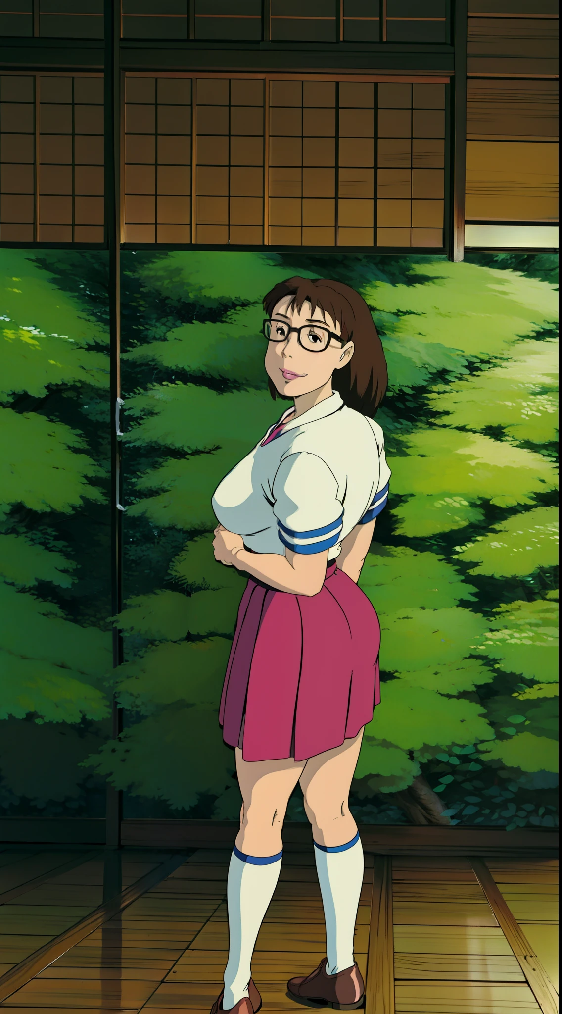 Koyomi Mizuhara, Brunette hair, brown hair color, long hair, bangs, glasses, teenager, Sailor school outfit, red top, brown skirt, black thigh socks, brown shoes, Highschool, tall girl, breasts, luscious lips, concept, pantyline, back of v, glancing over, smirking, super cum on her skirt, hoe