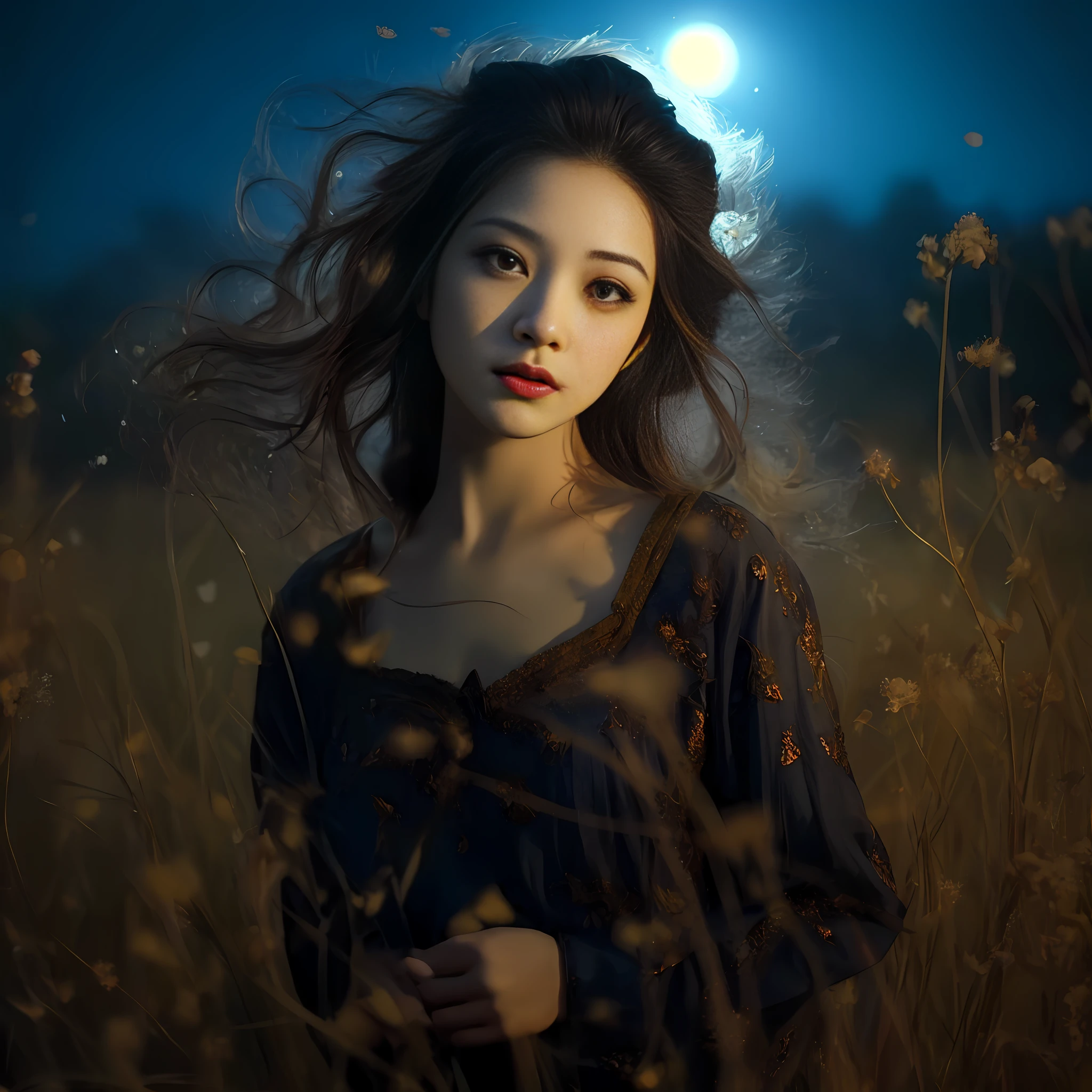 arafed woman in a field of tall grass with a full moon in the background, cinematic. by leng jun, beautiful portrait photo, by Li Song, jingna zhang, chinese woman, chinese girl, by Leng Mei, soft moonlight lighting, inspired by Ai Xuan, soft portrait shot 8 k, by Tan Ting-pho, by Ni Tian