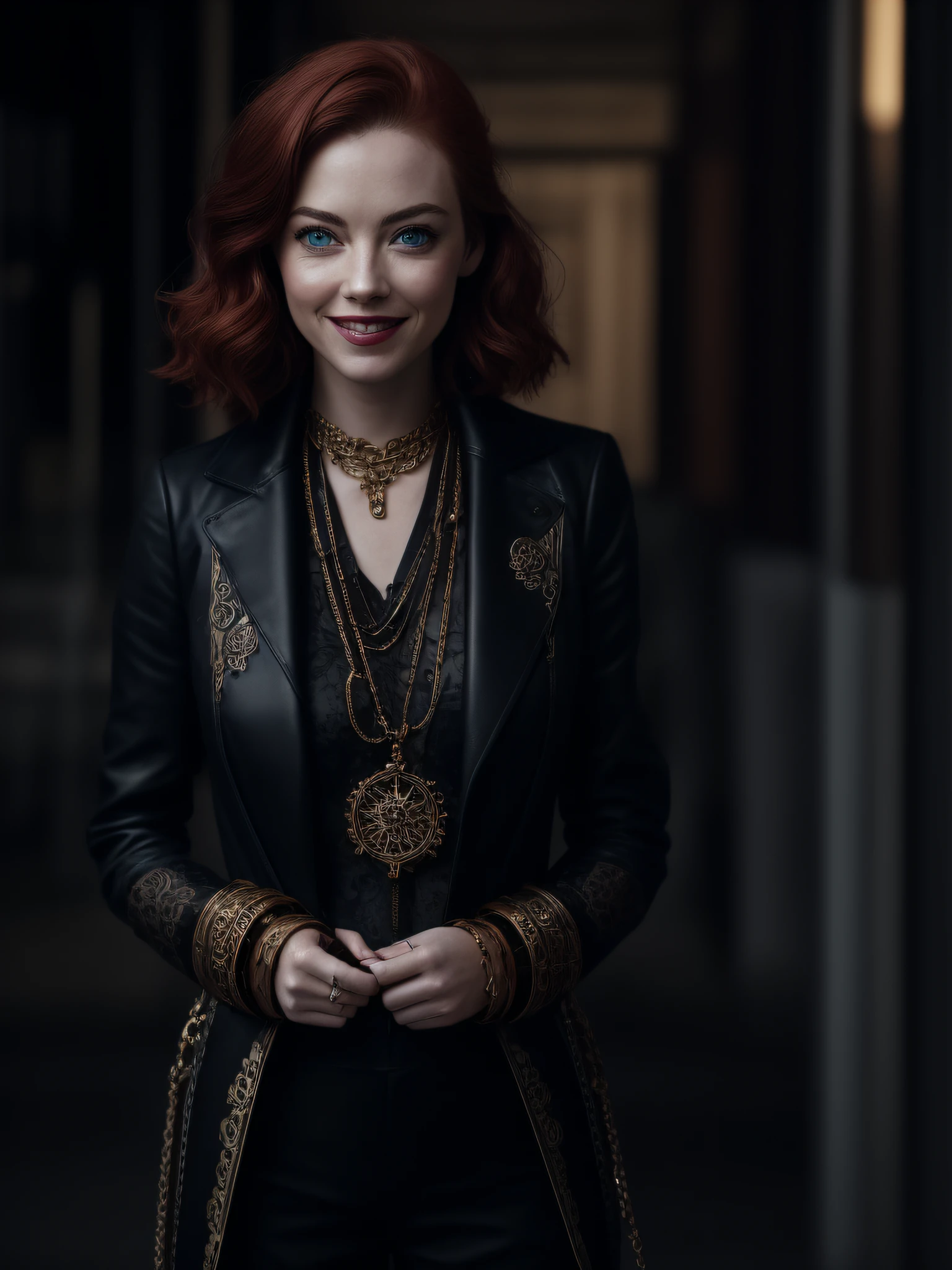 (a 31 year old girl, (Emma Stone:0.65), (redhead:1.1)), beautiful smile, (perfect eyes:1.1), looking at me, bob hairstyle, Corsage shirt, Corsages straps, glasses, leather pants, jewelry by steampunk mechanisms, made of copper, brass, gears, chains, onvex lenses, intricate, hdr, intricate details, detailed, cinematic, chubby, curvilinea