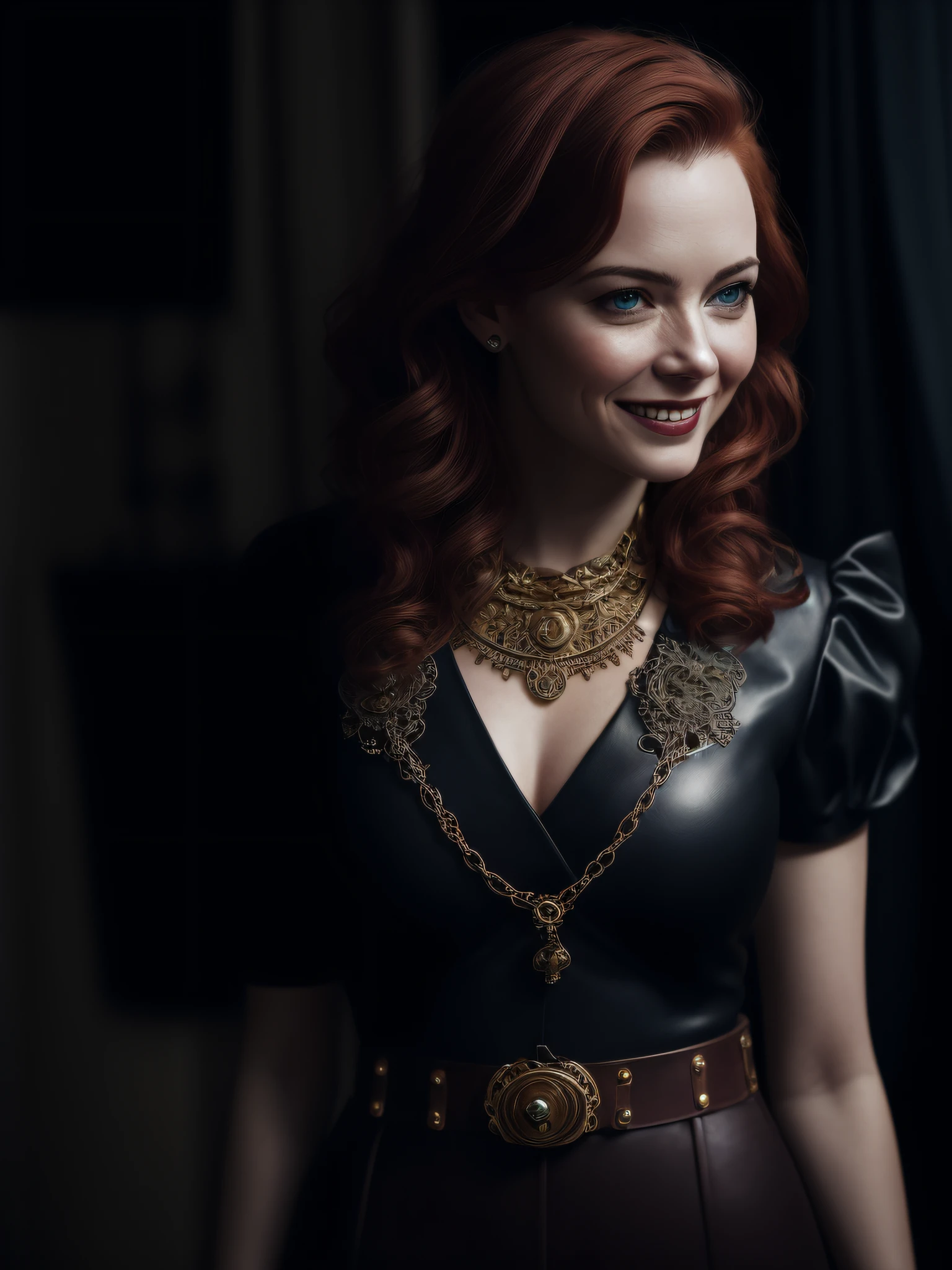 (a 31 year old girl, (Emma Stone:0.65), (redhead:1.1)), beautiful smile, (perfect eyes:1.1), looking at me, bob hairstyle, Corsage shirt, Corsages straps, glasses, leather pants, jewelry by steampunk mechanisms, made of copper, brass, gears, chains, onvex lenses, intricate, hdr, intricate details, detailed, cinematic, chubby, curvilinea