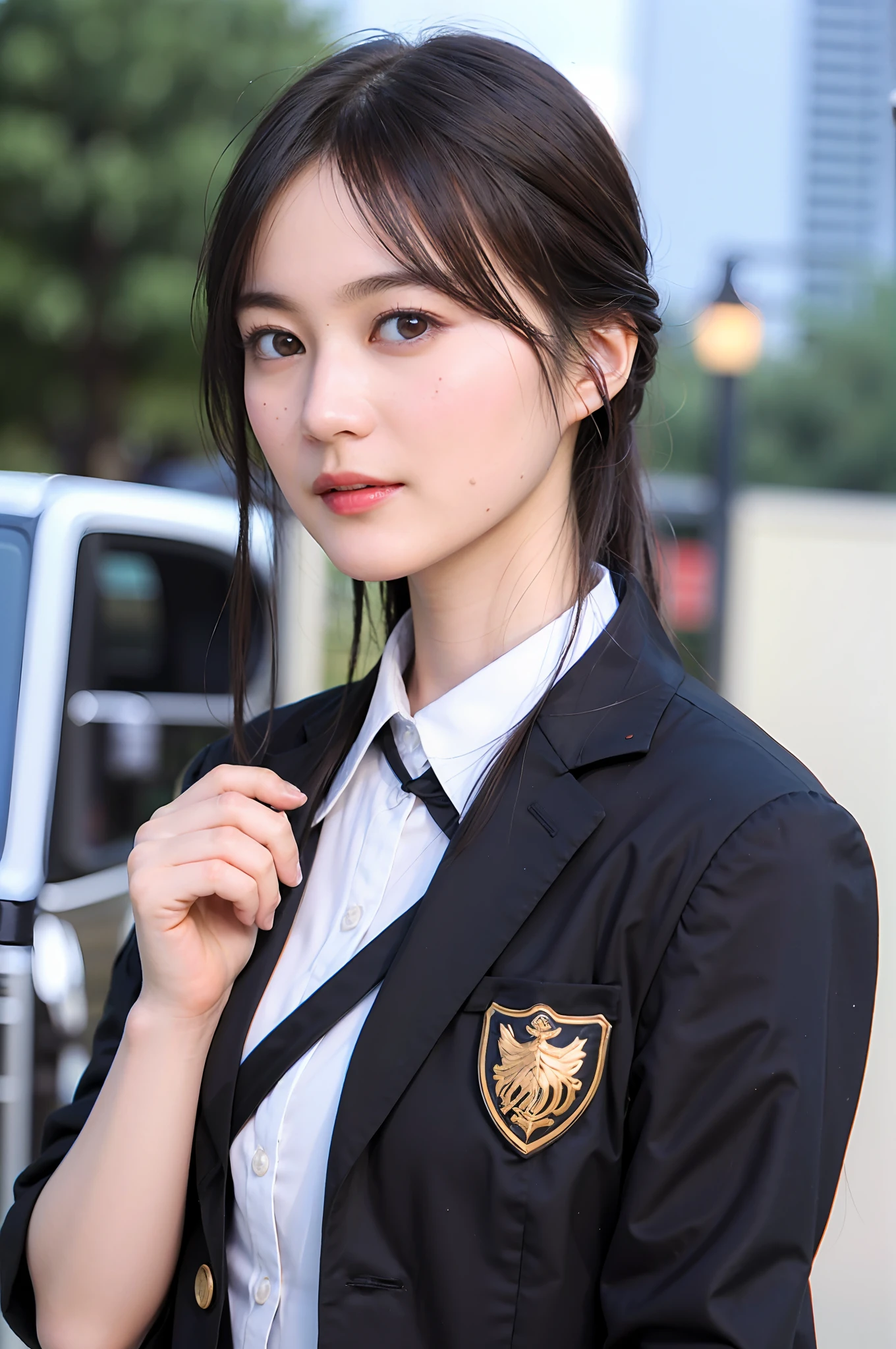 ((Top Quality, 8K, Masterpiece: 1.3)), Sharp: 1.2, Perfect Body Beauty: 1.4, Slim Abs: 1.2, (((Layered Hairstyles, Big)), High Student, Uniform, (Rain, Street: 1.2), Wet: 1.5, Highly Detailed Face and Skin Texture, Detailed Eyes, Double Eyelids, Aspect Looking at Camera