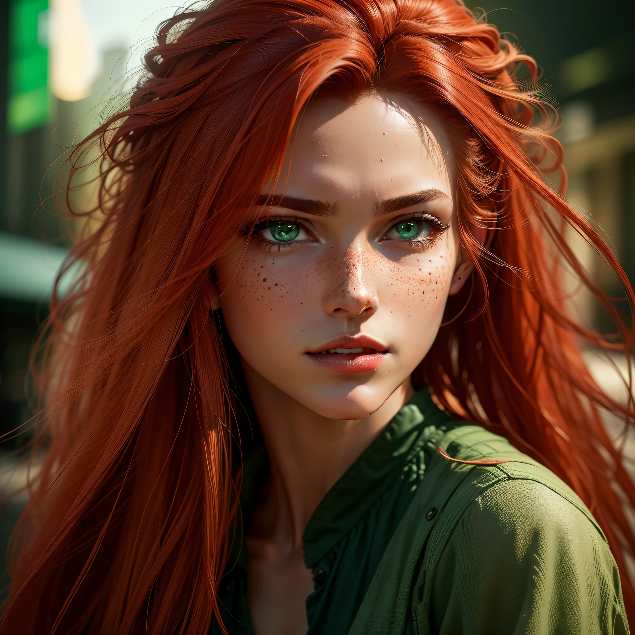 "High-quality and extremely detailed digital art, depicting a red-haired character with long, wild hair. Her skin is white, with a slight pinkish tint that enhances her natural beauty. His face is delicate, with very well detailed green eyes that reflect a striking expression. The mouth is outlined to perfection, displaying a reddish tint that adds charm. Soft freckles are delicately spread across the skin, giving it a lovely touch. The character has a sculpted and lean body, with large and firm breasts, which are highlighted with pink She is wearing an elegant white dress with an attractive neckline that exposes her freckles on the bust. Its legs are long and elegant, complemented by high-heeled shoes. The setting is urban, with a mix of residential and commercial buildings, filled with bright lights and vibrant advertisements. The digital art is extremely detailed and realistic, capturing every aspect of the concept with exceptional accuracy and image quality." --auto