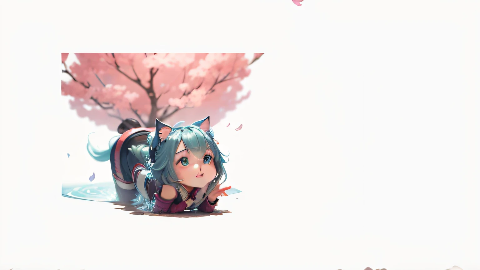 Illustration style, overhead view, dynamic angle, ultra-detailed, close-up shot of a girl with blue eyes, brown hair, and cat ears wearing a pink Miko outfit (1.4) and white stockings. She has bangs, an aura above or behind her head, and is looking at the viewer with a slight smile while showing her bare shoulders. The girl's hands are hidden behind her back while standing upright. She wears a cherry blossom hair accessory ([[0.55]::0.85]) and is surrounded by falling cherry blossoms, flowing water, a beautiful cherry blossom tree, and flying translucent blue butterflies (1.15). The scene is set near a shrine gate with ultra-detailed ruins in the background, an abysmal sea, and a dull blue world tree (1.14). The girl's delicate fingers and hands are emphasized with yubao (0.5). --auto