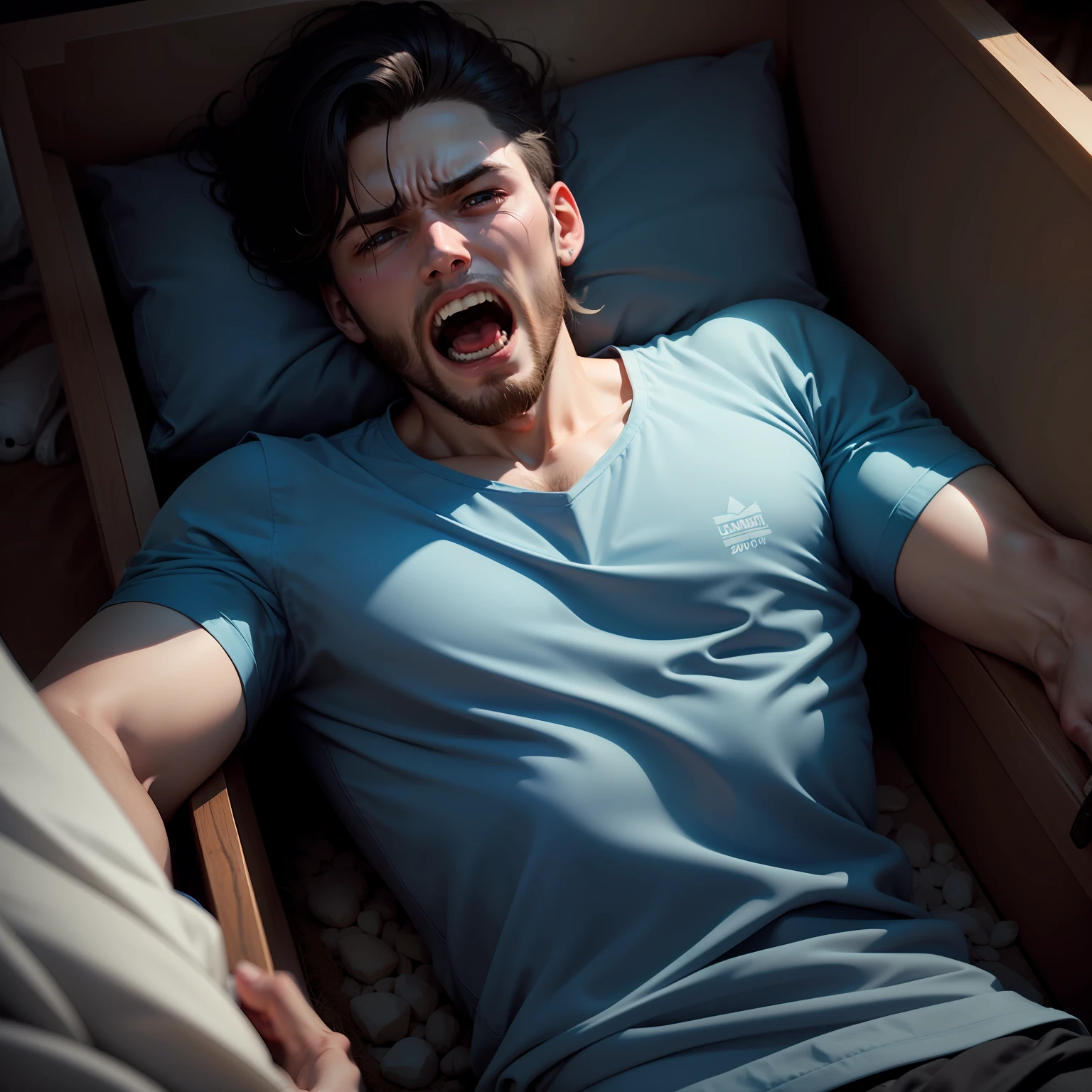 Ultra-realistic image of an ugly, skinny, skinny 20-something man dressed in blue hospital clothes, lying inside a dark coffin, buried alive under the ground, screaming desperately
