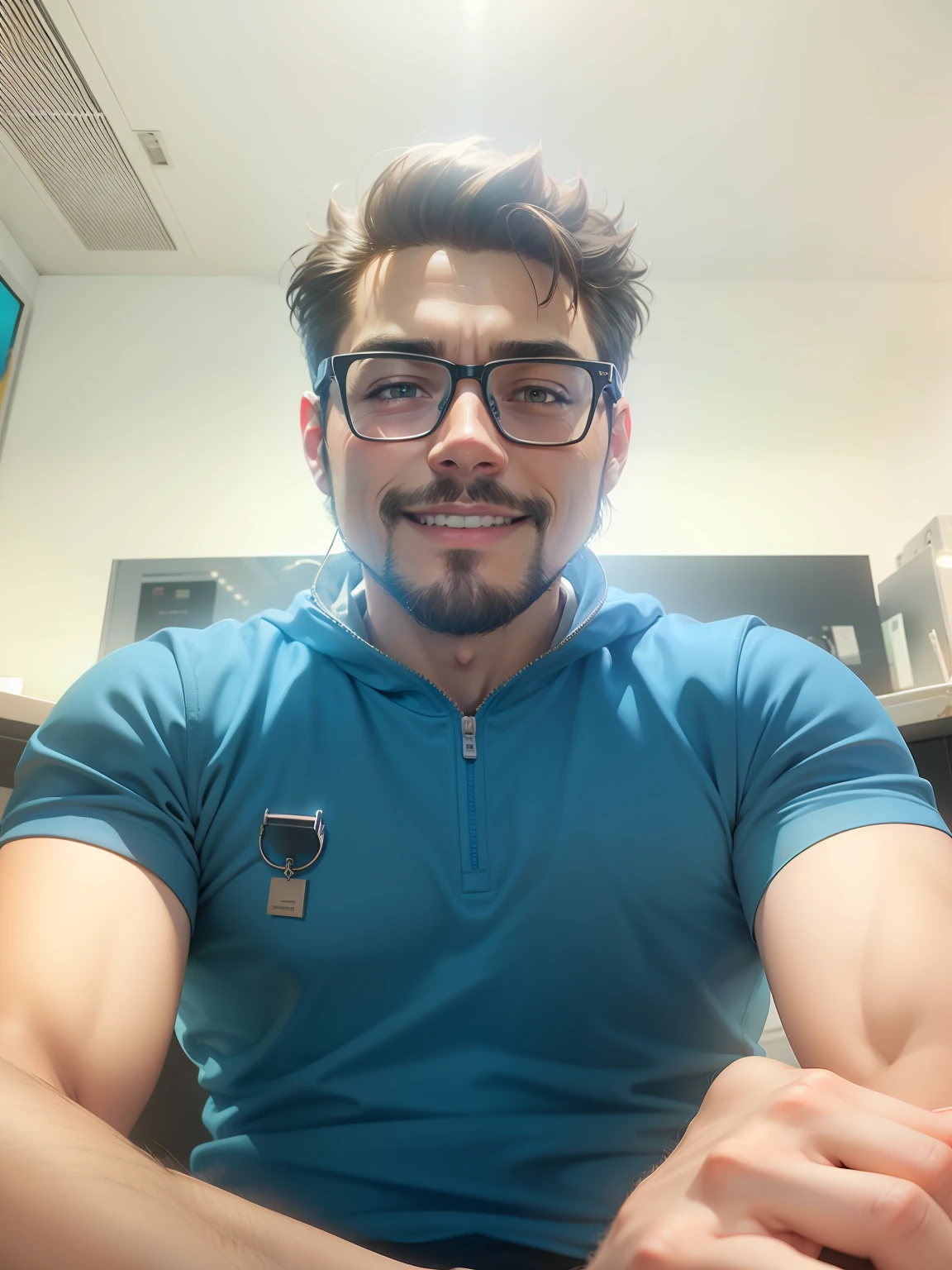 png render of a young man looking like tony stark wearing the blue coloured t-shirt, sitting at a modern marble desk looking into the camera, filmmaker yellow neon background, scruffy short black hair, clear skin texture , cinematic, warm soft lighting,close portraits, smiling ,24mm lens, f/1.4, AR 9:16 in the style of disney pixar --auto
