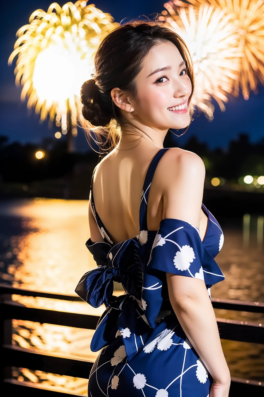 ((Masterpiece, highest quality, super definition, high definition)), solo, beautiful girl, shining eyes, perfect eyes, yukata, cleavage, beautiful sister of Japan, yukata with fireworks pattern, back view, full body, turn around, smile, background is night starry sky, high image quality, 4K. astonishing expression