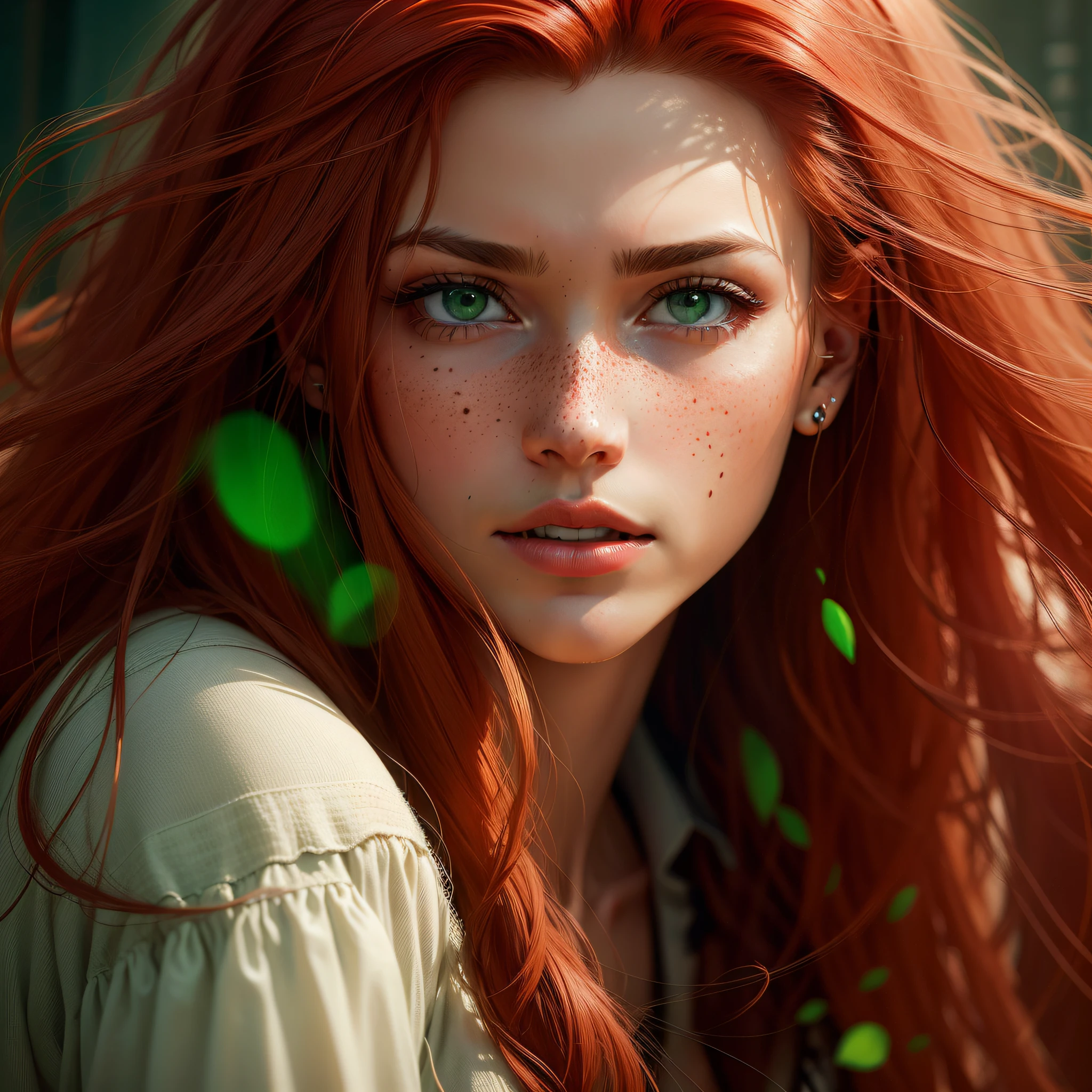 "High-quality and extremely detailed digital art, depicting a red-haired character with long, wild hair. Her skin is white, with a slight pinkish tint that enhances her natural beauty. His face is delicate, with very well detailed green eyes that reflect a striking expression. The mouth is outlined to perfection, displaying a reddish tint that adds charm. Soft freckles are delicately spread across the skin, giving it a lovely touch. The character has a sculpted and lean body, with large and firm breasts, which are highlighted with pink She is wearing an elegant white dress with an attractive neckline that exposes her freckles on the bust. Its legs are long and elegant, complemented by high-heeled shoes. The setting is urban, with a mix of residential and commercial buildings, filled with bright lights and vibrant advertisements. The digital art is extremely detailed and realistic, capturing every aspect of the concept with exceptional accuracy and image quality." --auto