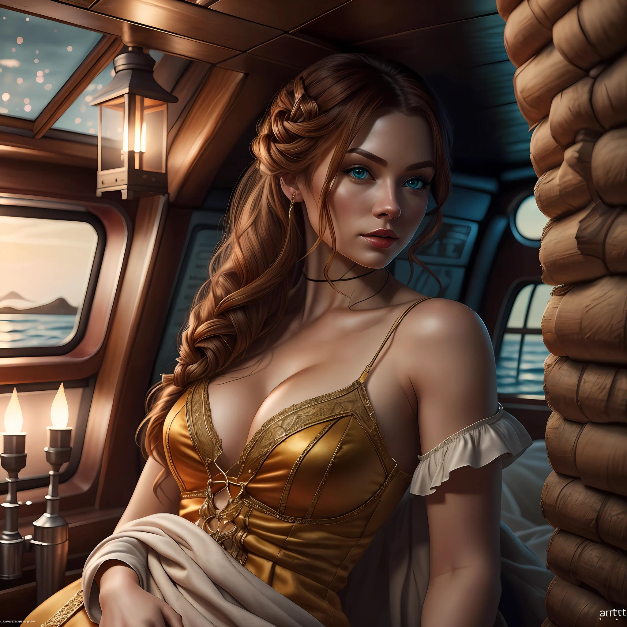 beautiful ginger women in detailed dress at cozy detailed cruising ship, air above hair, IPA award wining, masterpiece, ultimate lighting, art by top 5 artstation artists, spectacular view