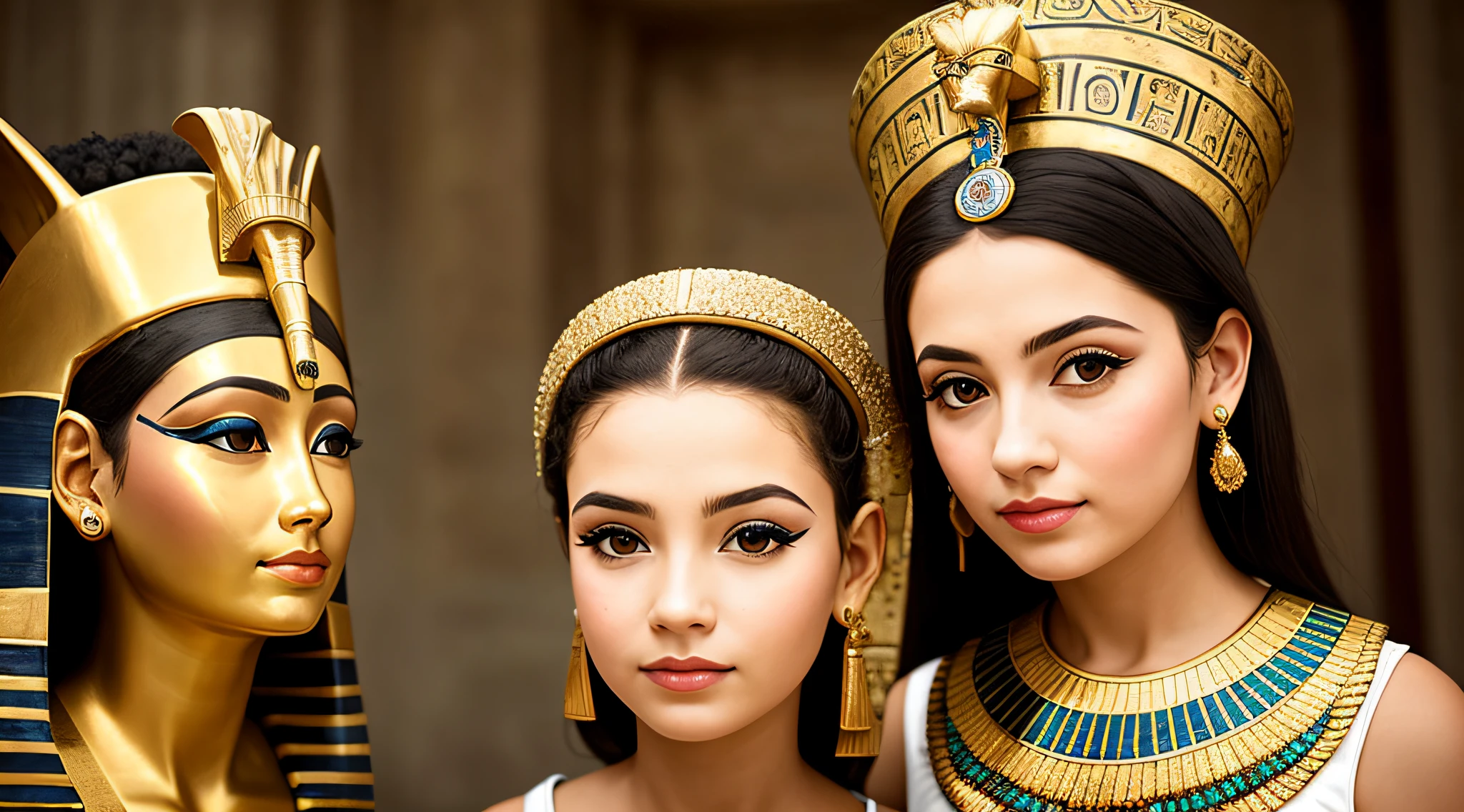a GIRL OF CHILD blonde with long hair, A closeup of a bust of a woman wearing a hat, wearing an Egyptian crown, Nefertiti, ancient egyptian, egyptian, egyptian makeup, precise for egyptian tradition, egyptian art, makeup of egypt, beautiful and huge head ornaments, ancient egyptian art, ancient egyptian art, ancient egypt, beautiful cleopatra, Egyptian princess, ancient Libu princess