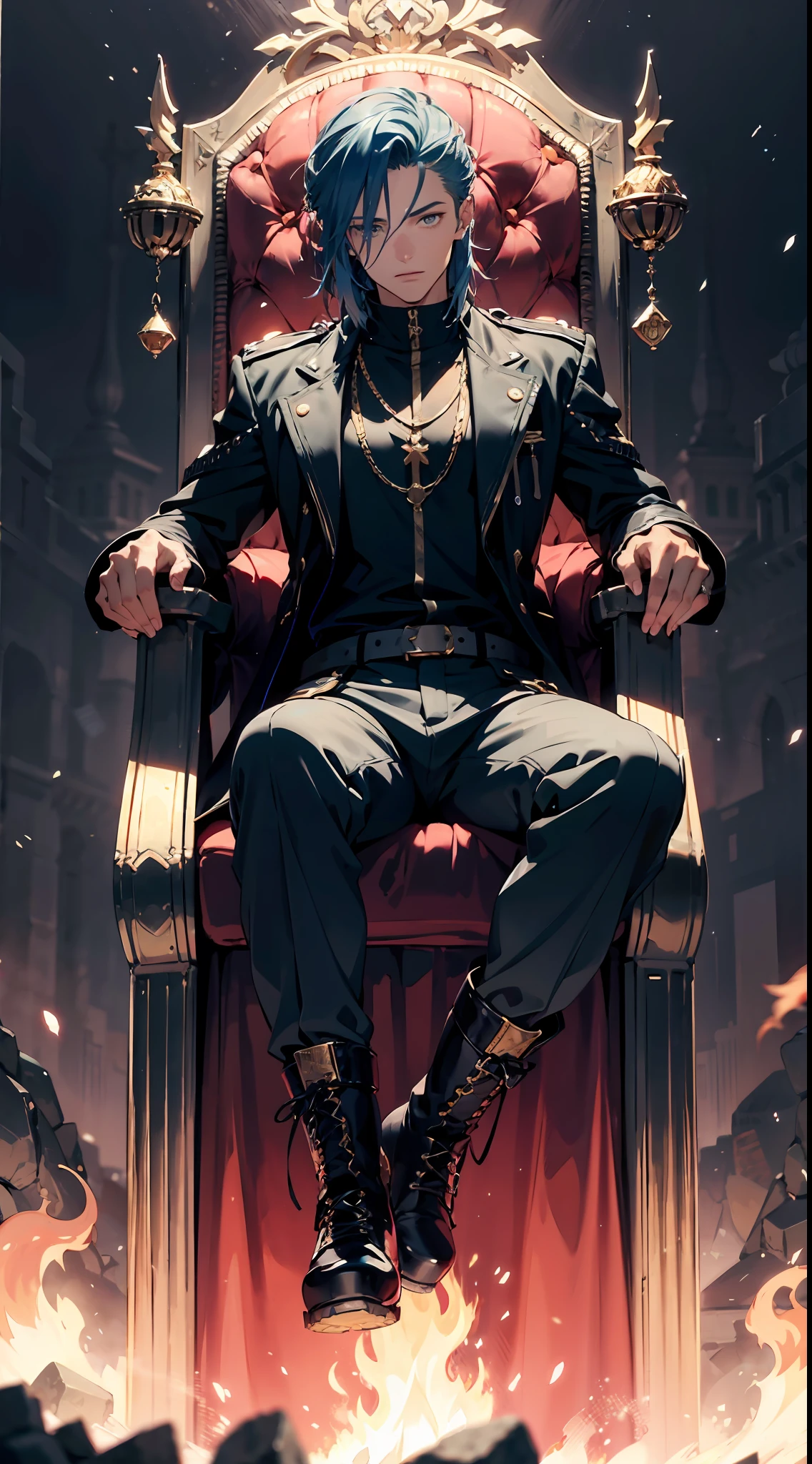 (absurdres, highres, ultra detailed), 1 male, adult, handsome, beautiful eyes, tall muscular guy, finely detailed eyes and detailed face, blue hair, mullet hair style, grey cloud colored biker jacket, black pants, doc martin boots, fantasy, magnificent background, throne, magic effect, flame, detailed fantasy sword leaning on throne, gold coins piled around feet