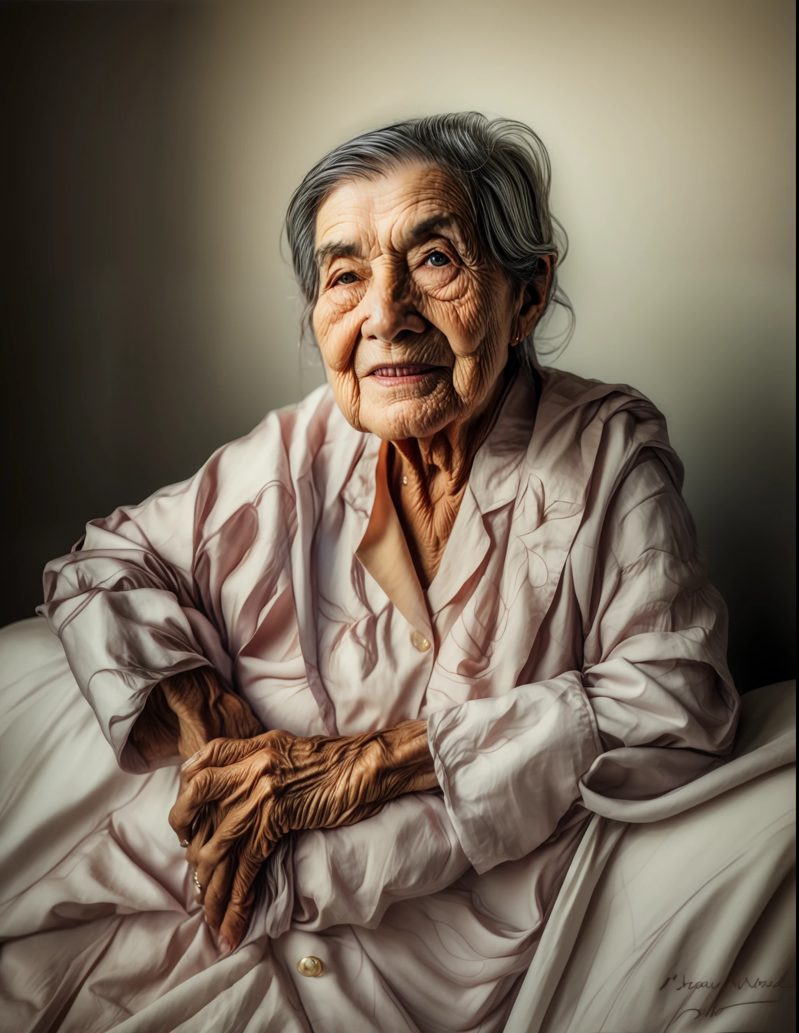 ((masterpiece)), ((best quality)), ((super realistic)), high detail, Color portrait of an old woman, wearing satin