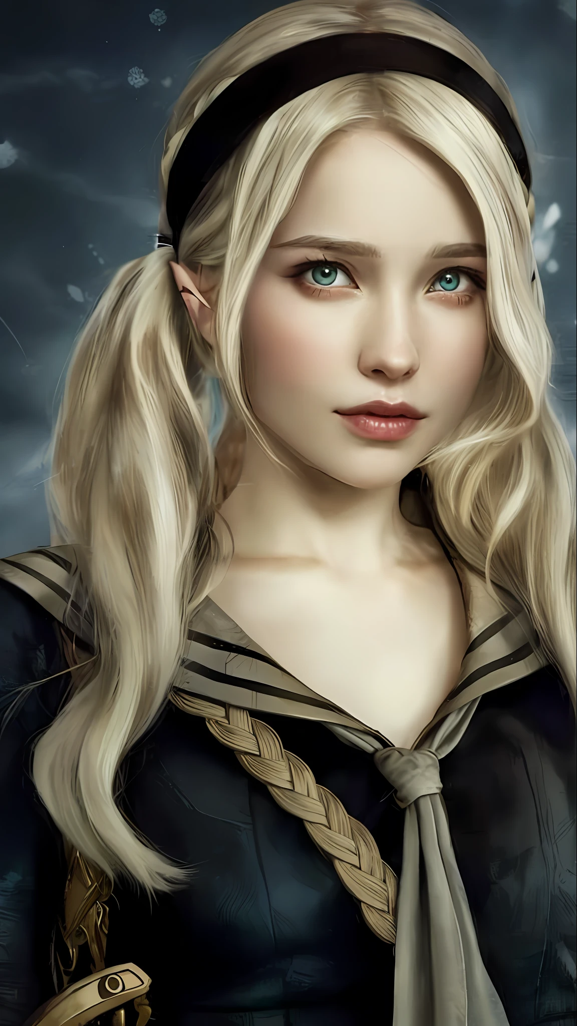 a close up of a woman with a bow and a sailor outfit, daenerys, dove cameron in a knight armor, daenerys targaryen, perfect white haired girl, blond hair with pigtails, she has elf ears and gold eyes, [[fantasy]], similar to malfoy, kristen bell as a greek goddess, a girl with blonde hair
