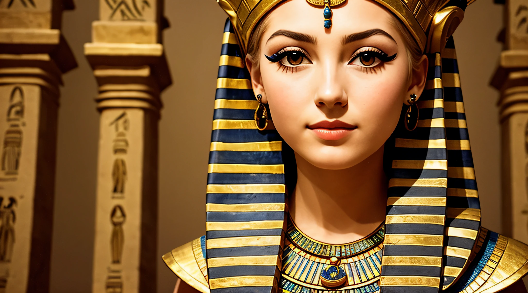 a GIRL CHILD BLONDE with long hair, A closeup of a bust of a woman wearing a hat, wearing an Egyptian crown, Nefertiti, ancient egyptian, egyptian, egyptian makeup, precise for egyptian tradition, egyptian art, egyptian makeup, beautiful and huge head ornaments, ancient egyptian art, ancient egyptian art, ancient egypt, beautiful cleopatra, egyptian princess,  Ancient Princess Libu