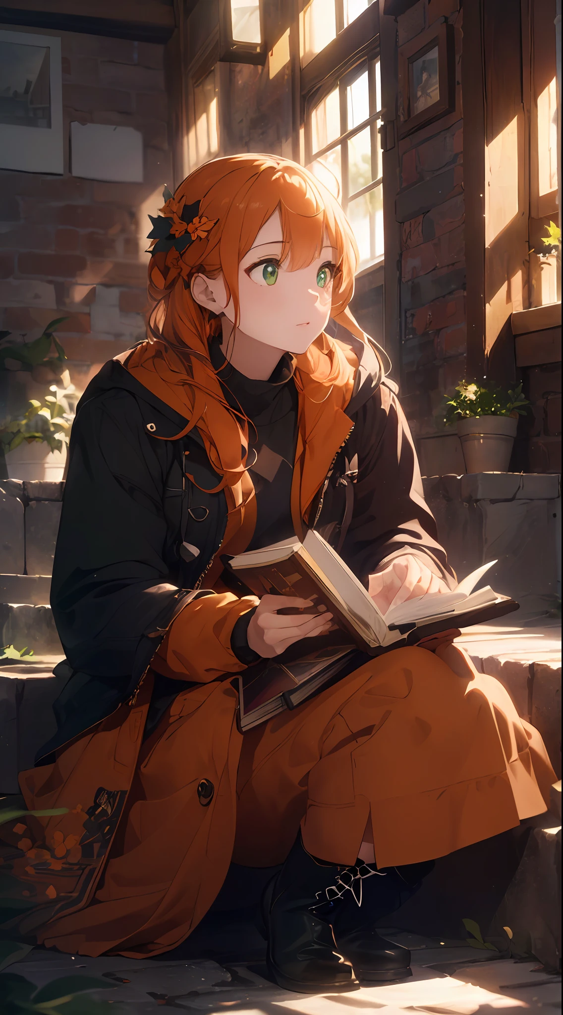 (extremely detailed CG unity 8k wallpaper,masterpiece, best quality, ultra-detailed, beautiful detailed eyes:1.2),best illumination, (best shadow, an extremely delicate and beautiful, bloom),1gril,solo, woman sitting on steps reading a book while looking at a window, orange hair , red coat , green eyes, black boots