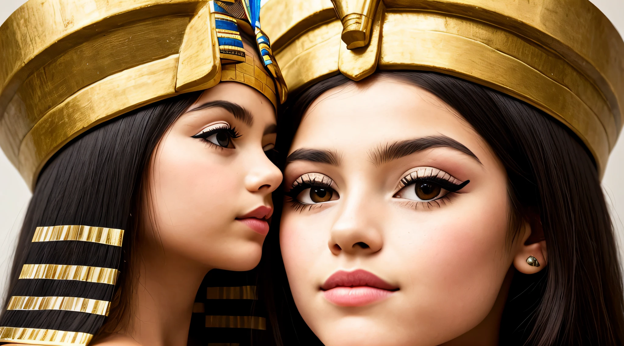 a GIRL CHILD BLONDE with long hair, A closeup of a bust of a woman wearing a hat, wearing an Egyptian crown, Nefertiti, ancient egyptian, egyptian, egyptian makeup, precise for egyptian tradition, egyptian art, egyptian makeup, beautiful and huge head ornaments, ancient egyptian art, ancient egyptian art, ancient egypt, beautiful cleopatra, egyptian princess, Ancient Princess Libu