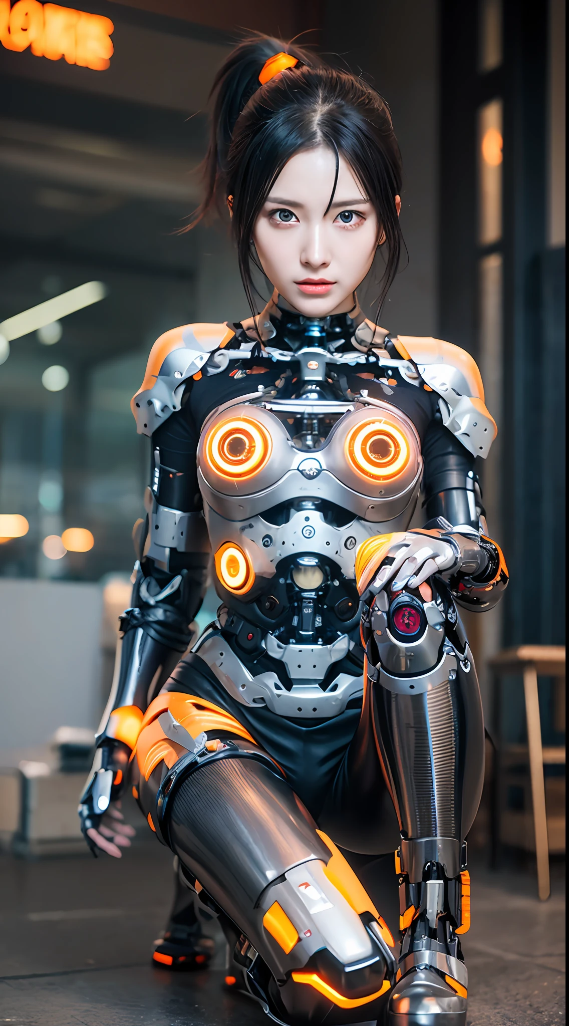 Cyberpunk, Female Cyborg, Special Ability, Uniform, Mechanized Enhancement, Beauty, Black Hair, Japan, Knee Up, Fine Face, Fine Body, Ponytail, Mechanical Eyes, ((Orange Eyes: 1.2)), Glowing Eyes, Prosthetic Hands, Prosthetic Legs, Waiting to be Mobilized