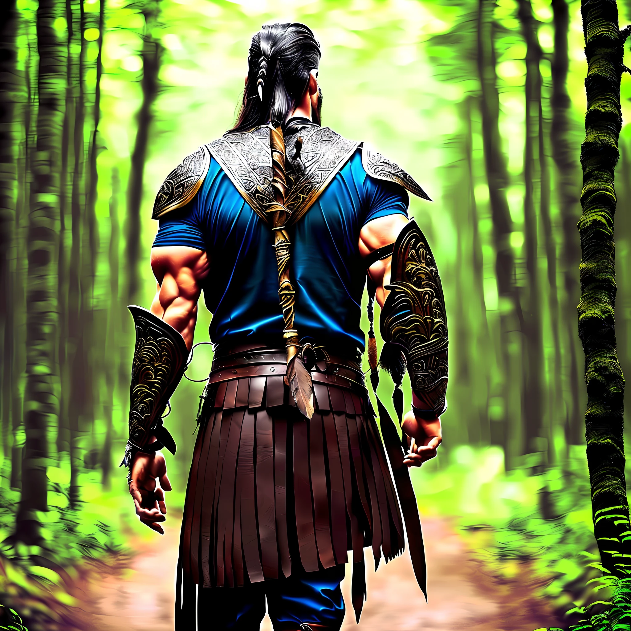 An imposing Viking warrior, alone, with his back to the viewer, walks boldly towards the dense and dark forest, walking away. His muscular and strong body is covered by an aged leather armor, decorated with tribal symbols. An immense wooden shield adorned is fastened tightly to his back, as an extension of his own strength. Her blonde hair, braided and entwined with eagle feathers, sways gently in the wind. Despite his fierce and fearless appearance, there is an expression of respect and reverence on his face as he ventures into the unknown forest, ready to face any challenge he may encounter. --auto