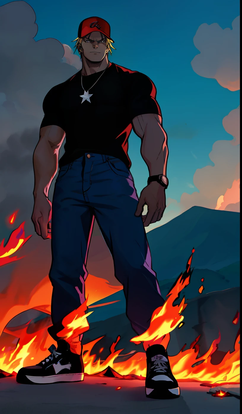 Anime style character, muscular adult character, very tall character, tall character and imposing villain, has medium blonde hair, character wearing a black baseball cap, wearing a purple color T-shirt, T-shirt loose out of pants, wearing blue pants, wearing a red all-star sneaker, the character is a mysterious villain, powerful character,  Muscular adult character. Character wrapped in flames, fire, scenery in the background with fire.