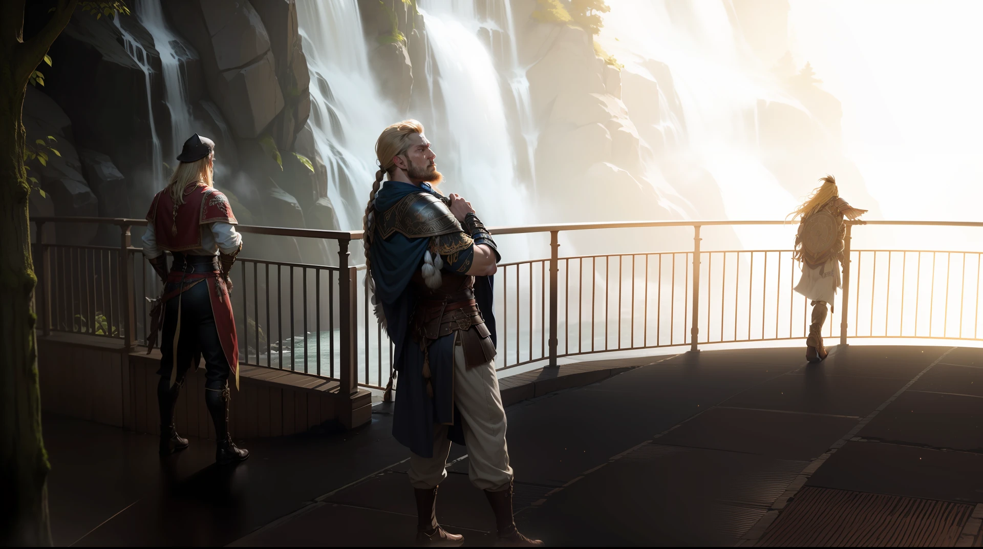 An imposing Viking warrior, in front of the falls. His muscular and strong body is covered by an aged leather armor, decorated with tribal symbols. An immense wooden shield adorned is fastened tightly to his back, as an extension of his own strength. Her blonde hair, braided and entwined with eagle feathers, sways gently in the wind. Despite his fierce and fearless appearance, there is an expression of respect and reverence on his face as he ventures into the unknown forest, ready to face any challenge he may encounter. --auto