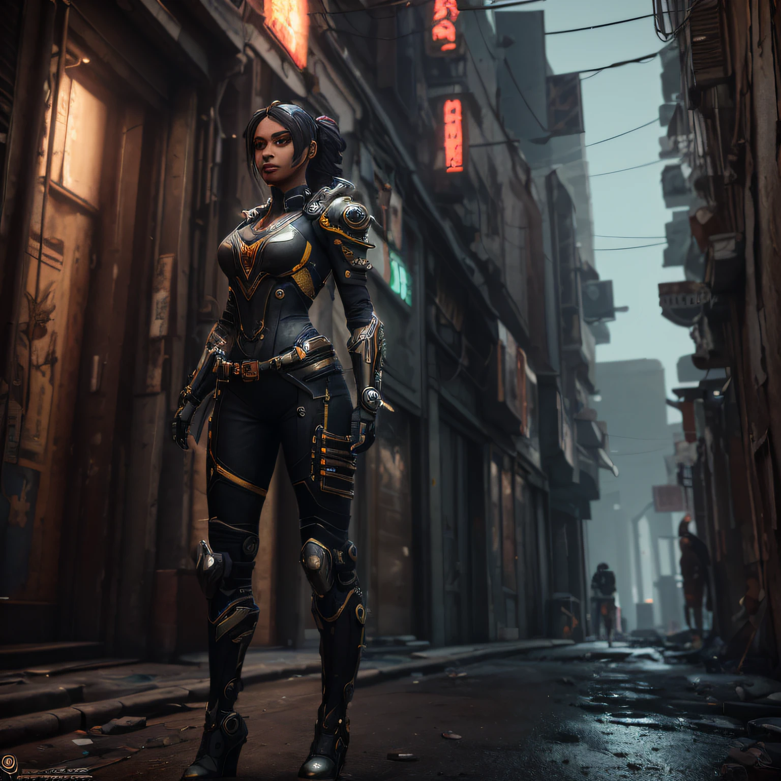 ((Best quality)), ((masterpiece)), (detailed: 1.4), 3D, an image of a beautiful black woman (((extremely delicate and beautiful)), full body, serious fixed gaze, perfect lips, cyberpunk, futuristic armor with led, mechanical left arm, holding gun in right hand, alley, people sitting on the floor in the background, HDR (High Dynamic Range), ray Tracing, NVIDIA RTX, Super-Resolution, Unreal 5, Subsurface dispersion,  PBR Texture, Post-processing, Octane Render, Two-tone lighting, Depth of field, Maximum clarity and sharpness.