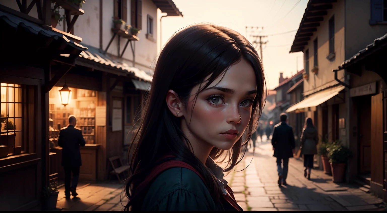 Sofia found people, in the small village, cinematic colors, vignette, discreet, bright, dark depth of field